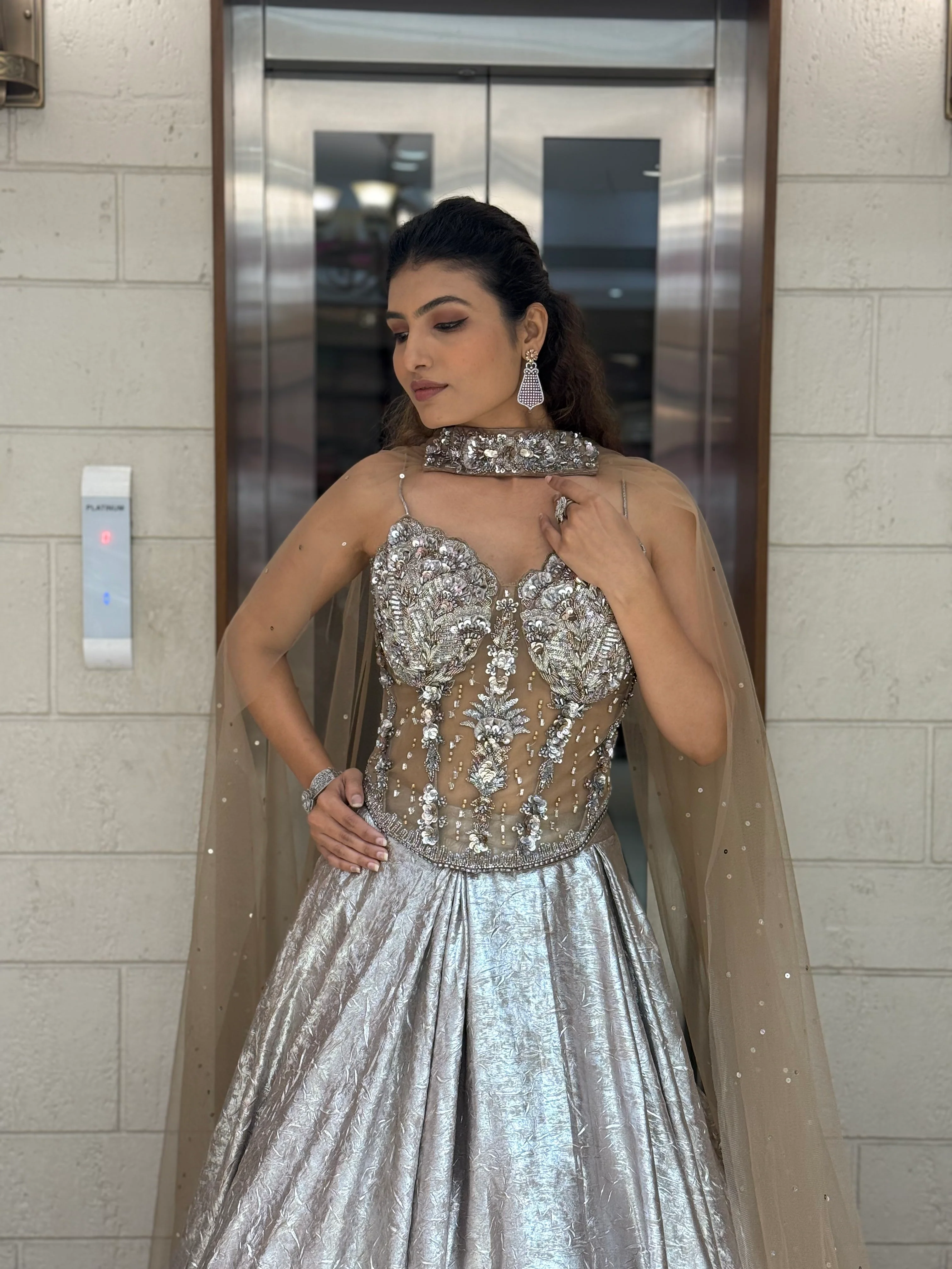 Metallic Silver Lehenga Choli with 3D Crystal Corset & Sheer Cape Dupatta - Image 4