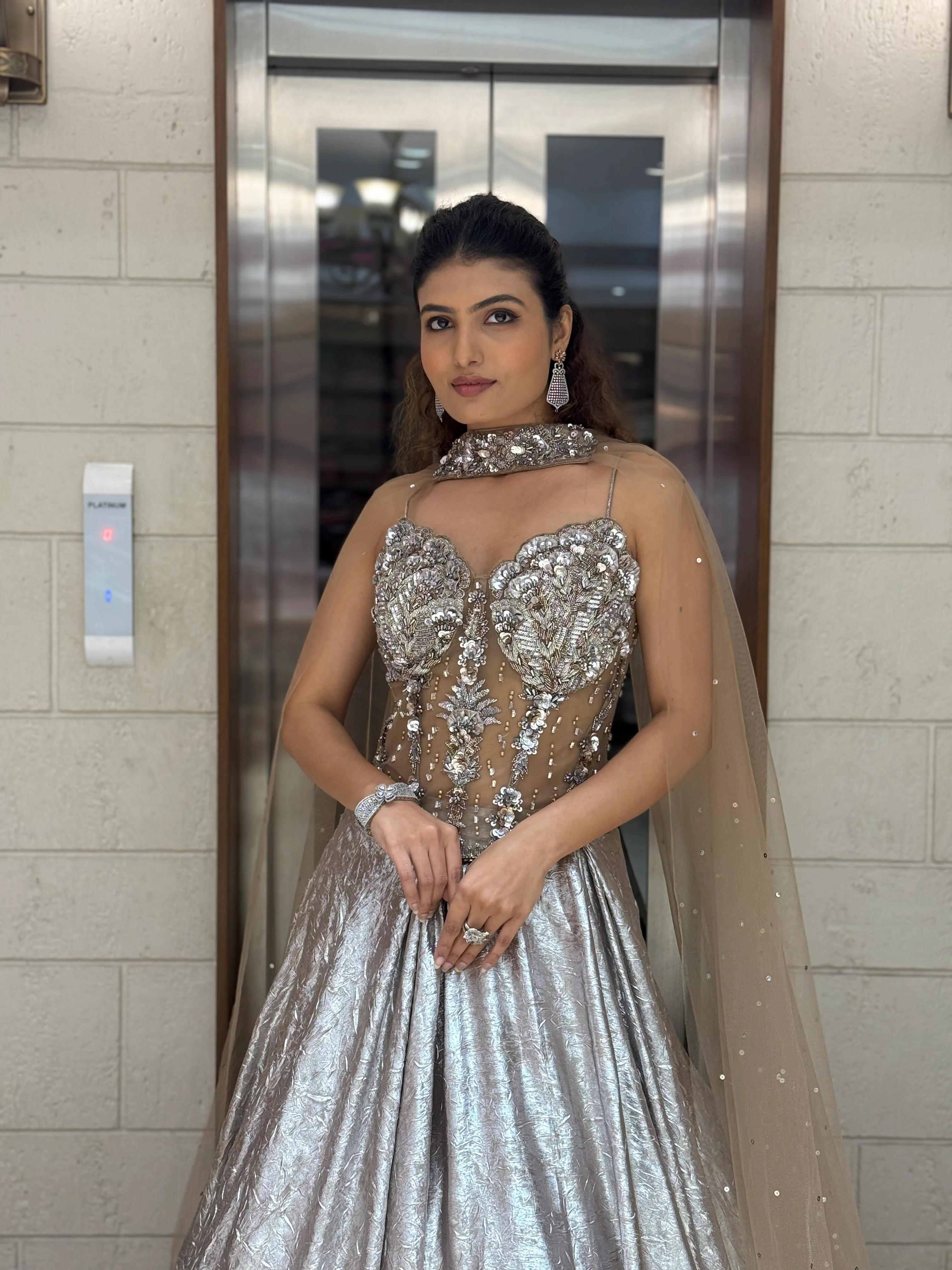 Metallic Silver Lehenga Choli with 3D Crystal Corset & Sheer Cape Dupatta - Image 5