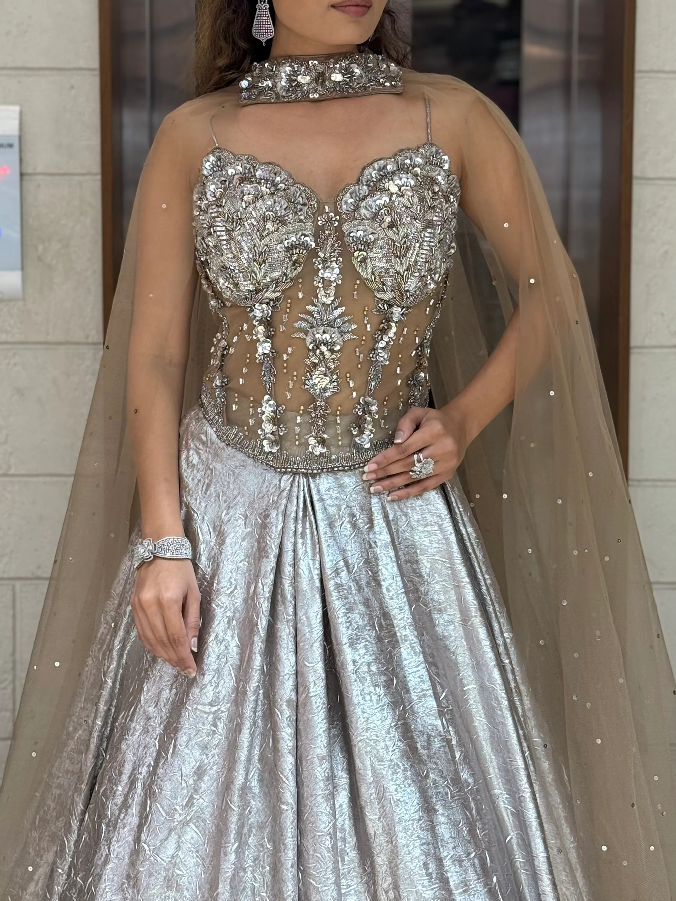Metallic Silver Lehenga Choli with 3D Crystal Corset & Sheer Cape Dupatta - Image 6