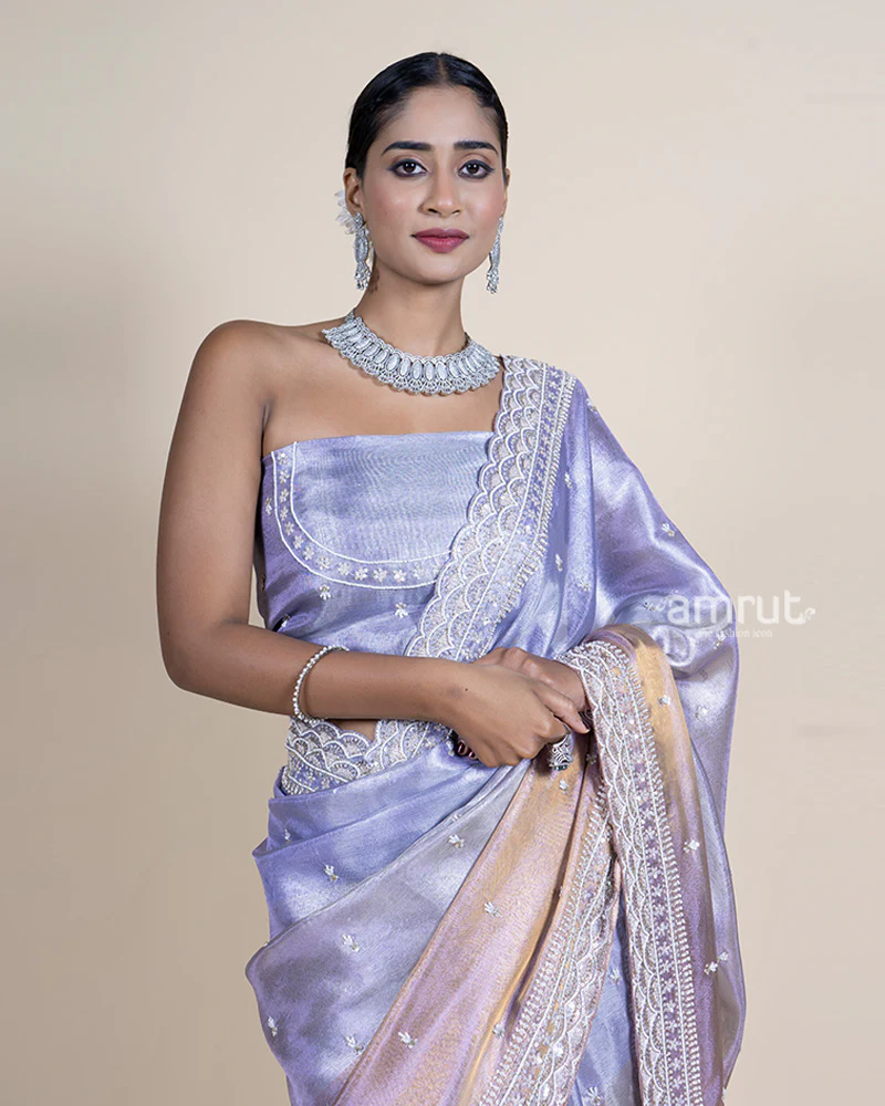 Metallic Sky Grey Tissue Saree with Cutwork Border and Unstitched Blouse - Image 2