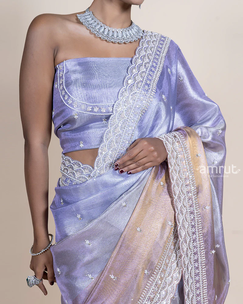 Metallic Sky Grey Tissue Saree with Cutwork Border and Unstitched Blouse - Image 3