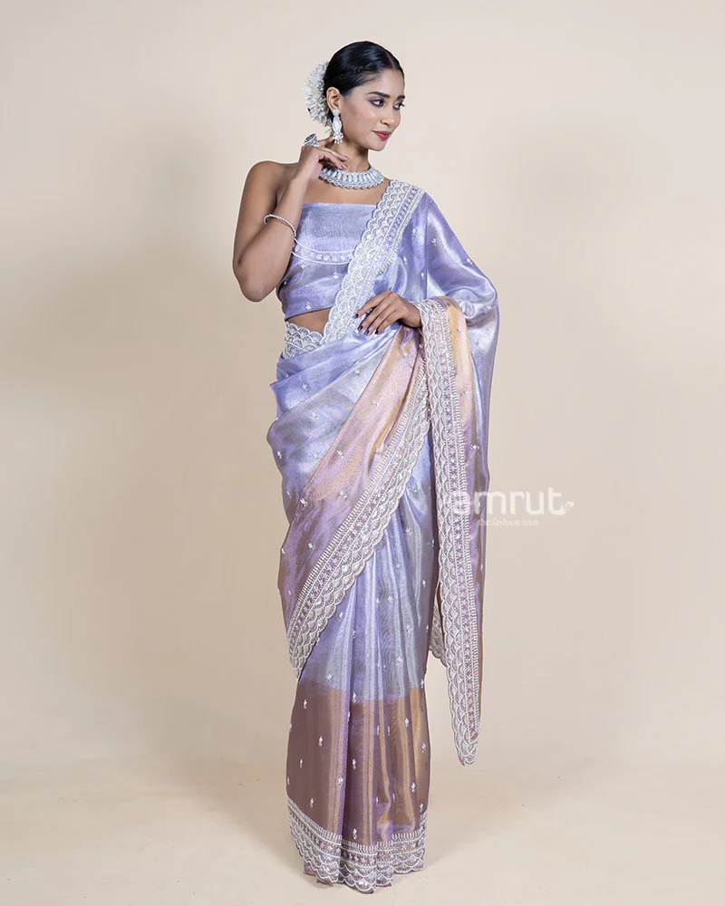 Metallic Sky Grey Tissue Saree with Cutwork Border and Unstitched Blouse - Image 4