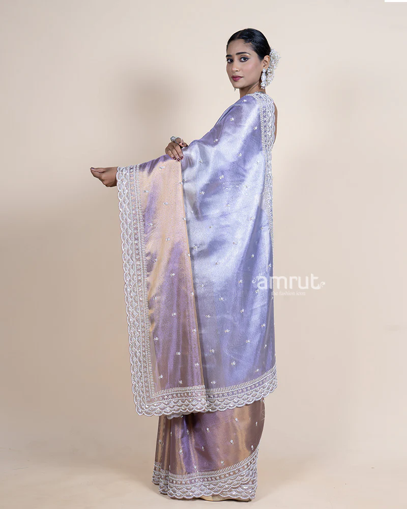 Metallic Sky Grey Tissue Saree with Cutwork Border and Unstitched Blouse - Image 5