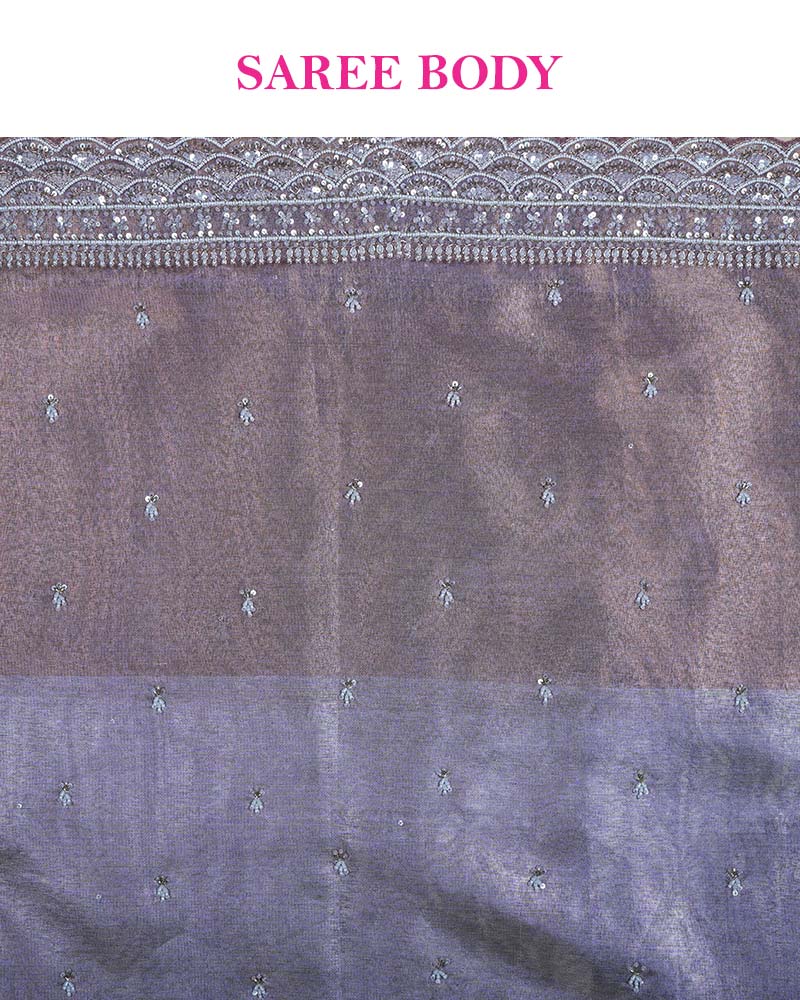 Metallic Sky Grey Tissue Saree with Cutwork Border and Unstitched Blouse - Image 6
