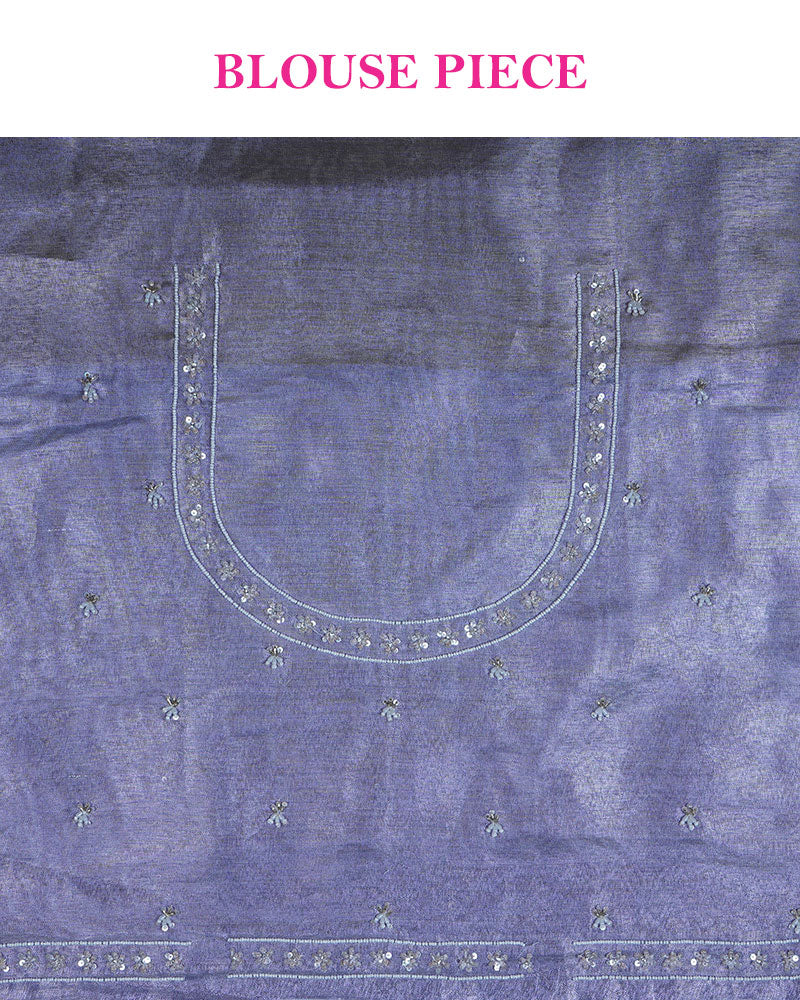 Metallic Sky Grey Tissue Saree with Cutwork Border and Unstitched Blouse - Image 7