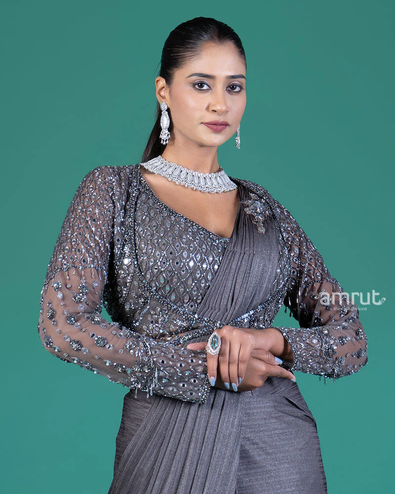 Mid Grey Ready to Wear Saree with Embellished Blouse - Image 2