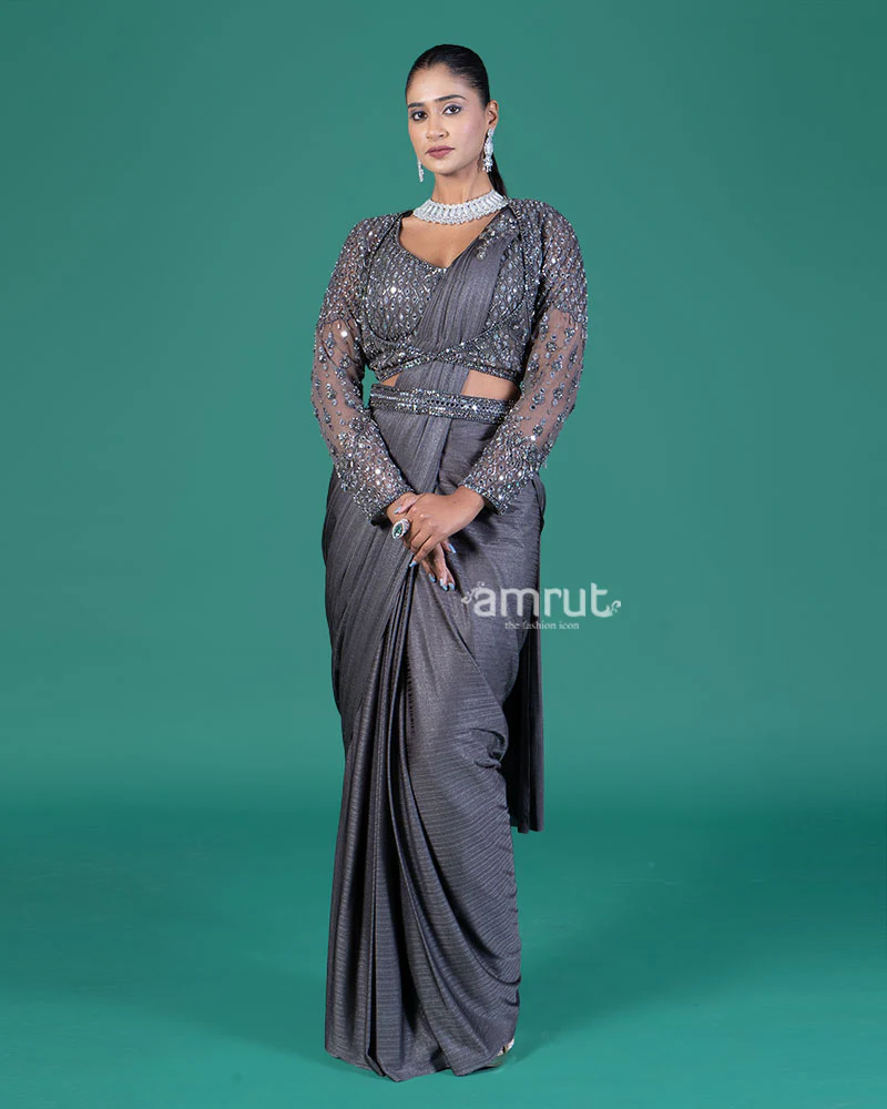 Mid Grey Ready to Wear Saree with Embellished Blouse - Image 5