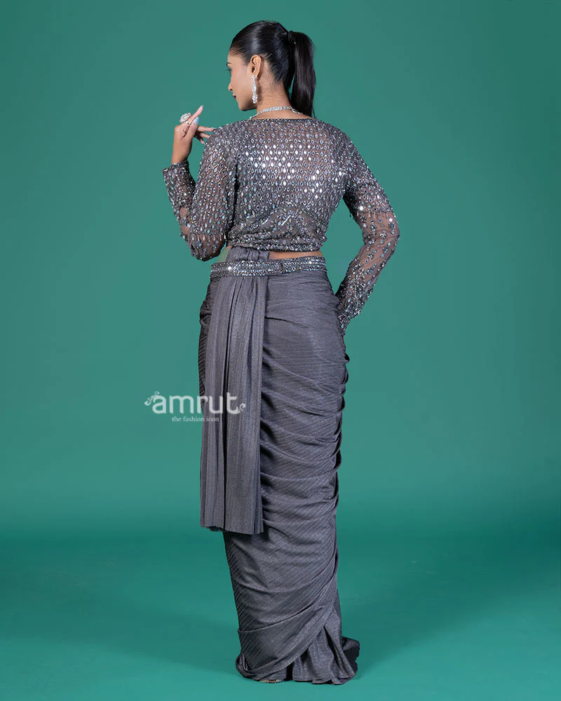 Mid Grey Ready to Wear Saree with Embellished Blouse - Image 6