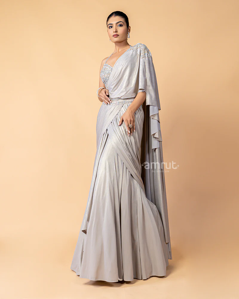 Mid-Tone Silver Ready-to-Wear saree with Embroidered Blouse - Image 3