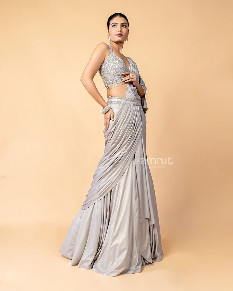 Mid-Tone Silver Ready-to-Wear saree with Embroidered Blouse - Image 5