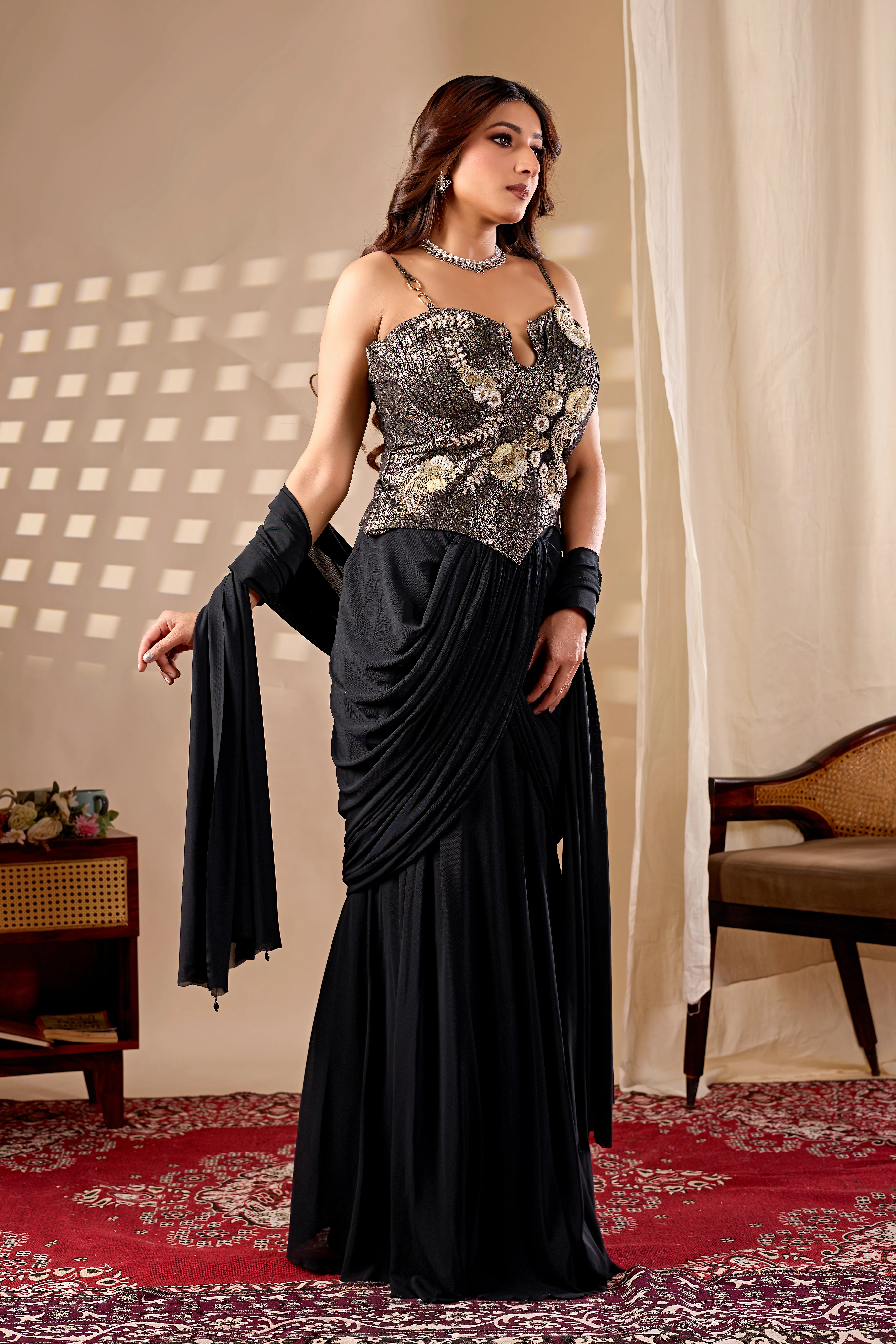 Midnight Black Indo-Western Drape Set with Embroidered Corset Top - Image 5
