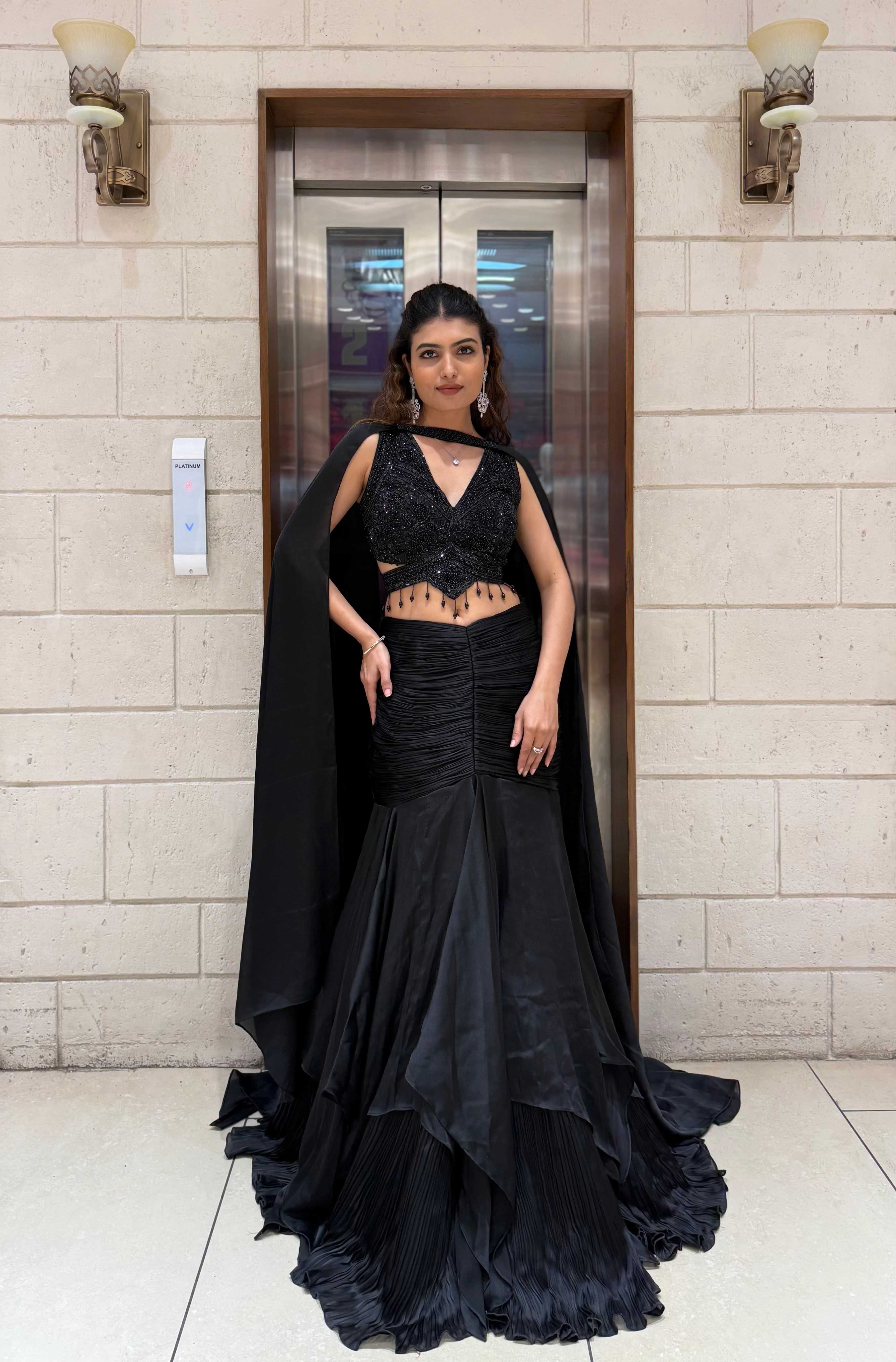 Midnight Black Indo-Western Mermaid Gown with Sequin Corset & Draped Cape Sleeves - Image 3