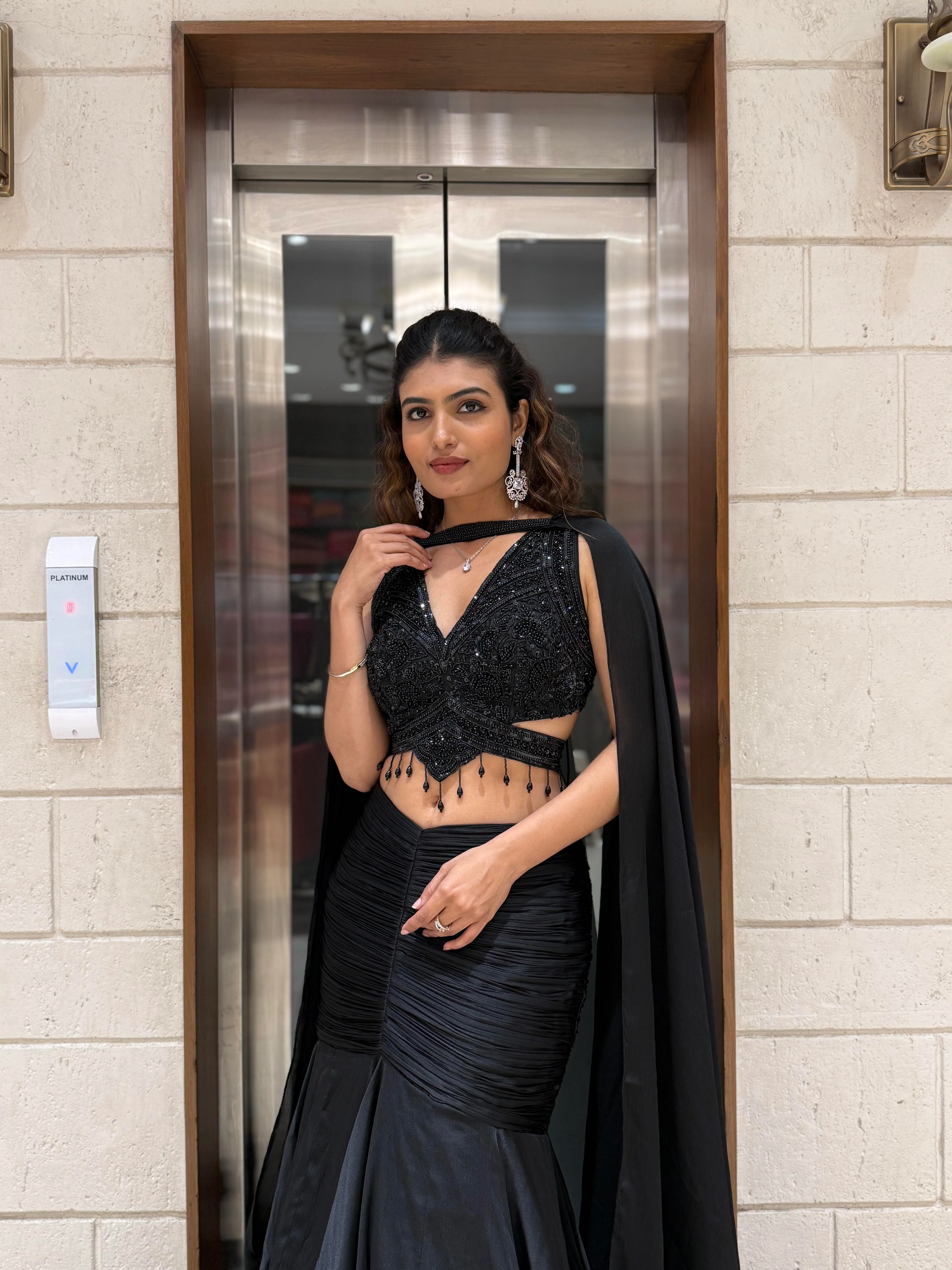 Midnight Black Indo-Western Mermaid Gown with Sequin Corset & Draped Cape Sleeves - Image 4