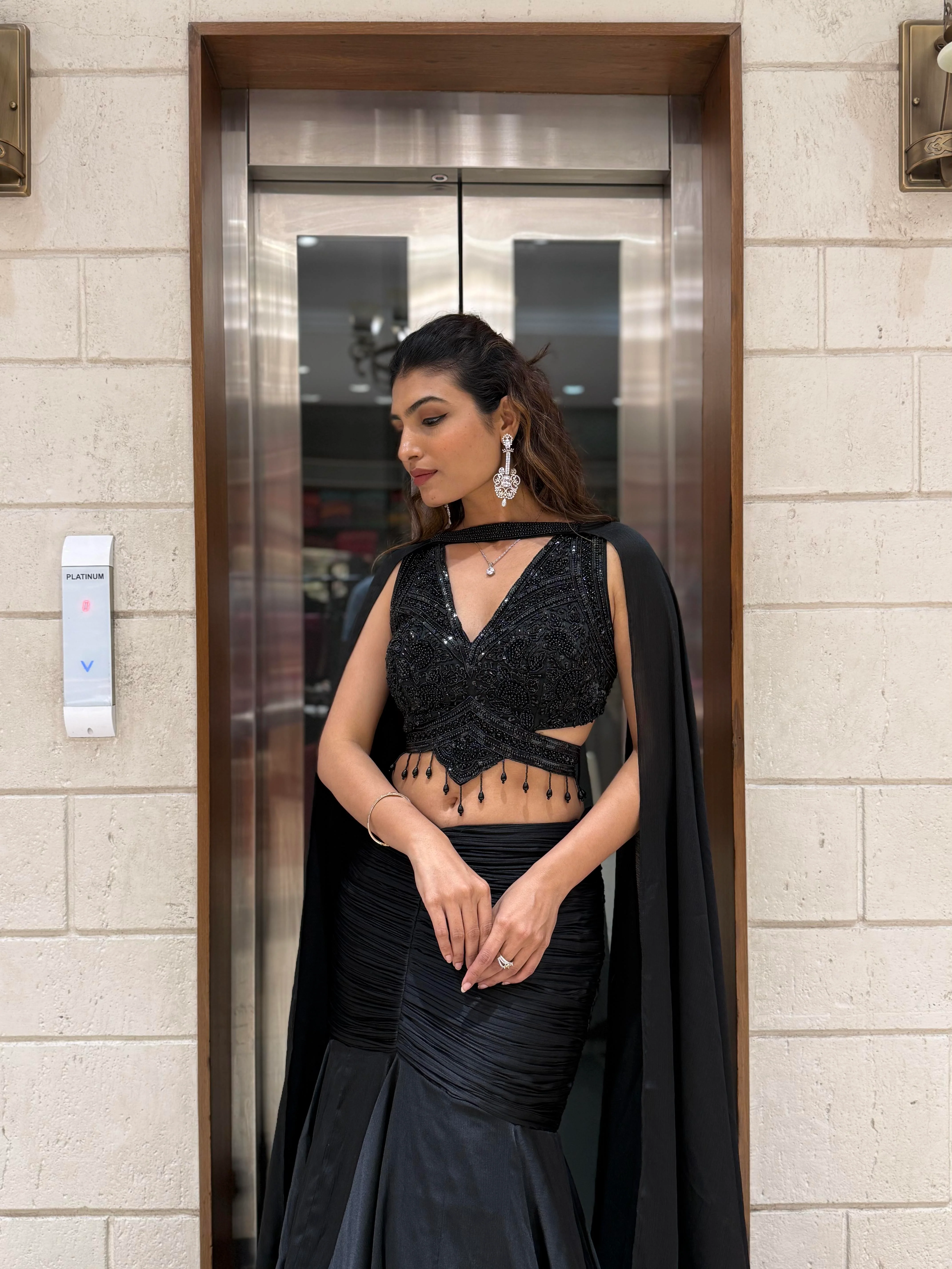 Midnight Black Indo-Western Mermaid Gown with Sequin Corset & Draped Cape Sleeves - Image 5
