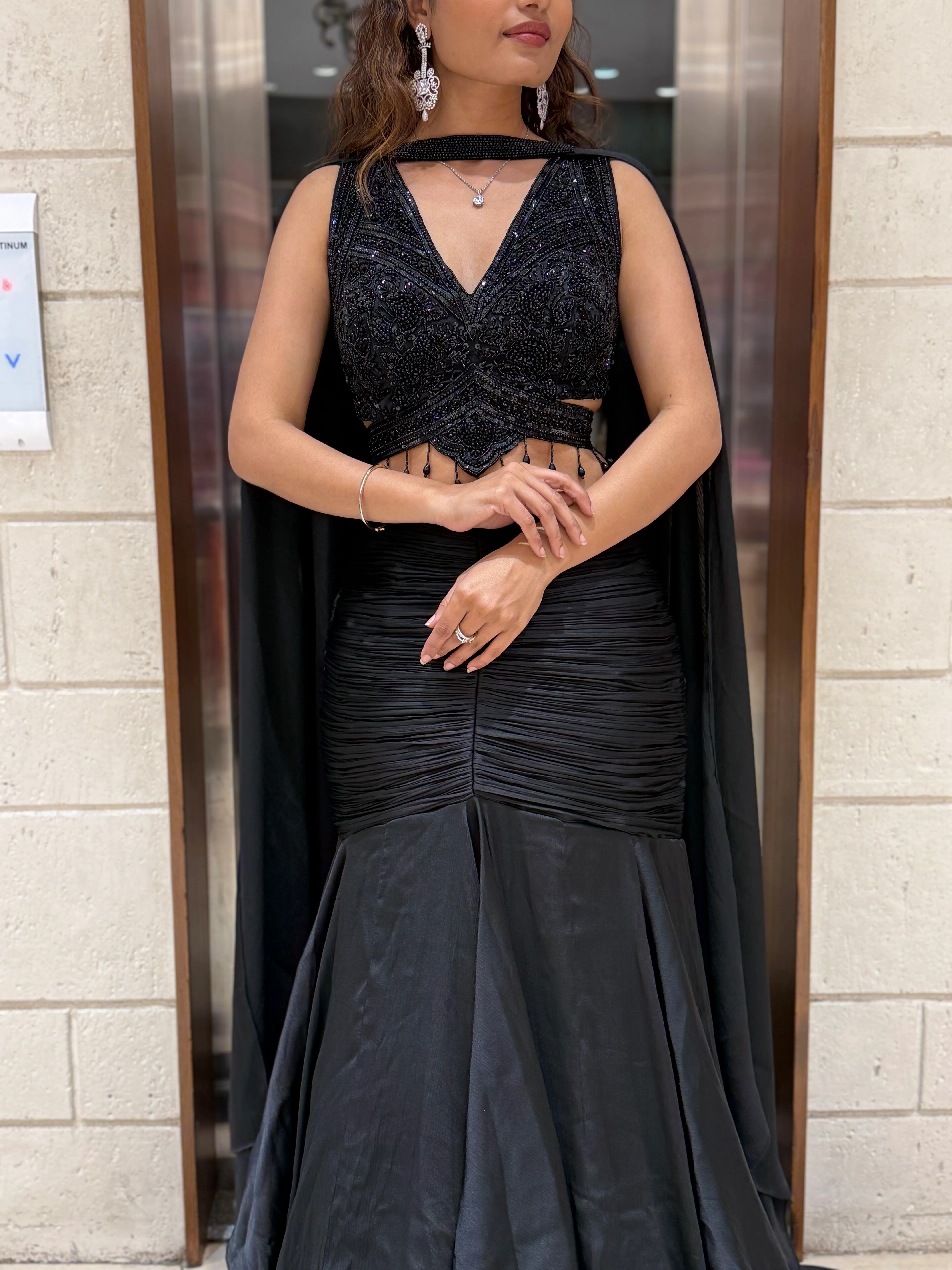 Midnight Black Indo-Western Mermaid Gown with Sequin Corset & Draped Cape Sleeves - Image 6