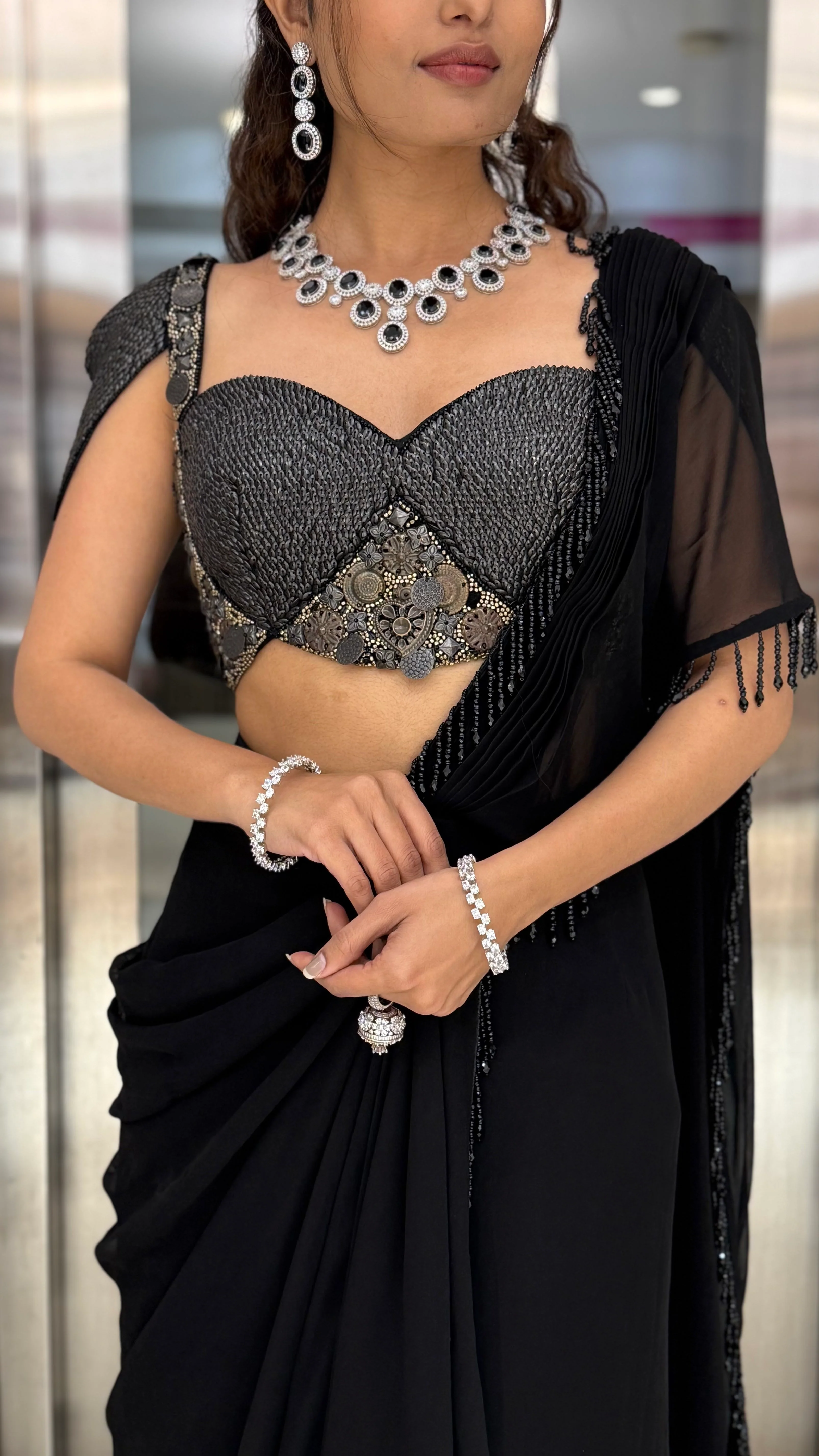 Midnight Black Pre-Draped Saree with Metallic Embellished Bustier Blouse - Image 2