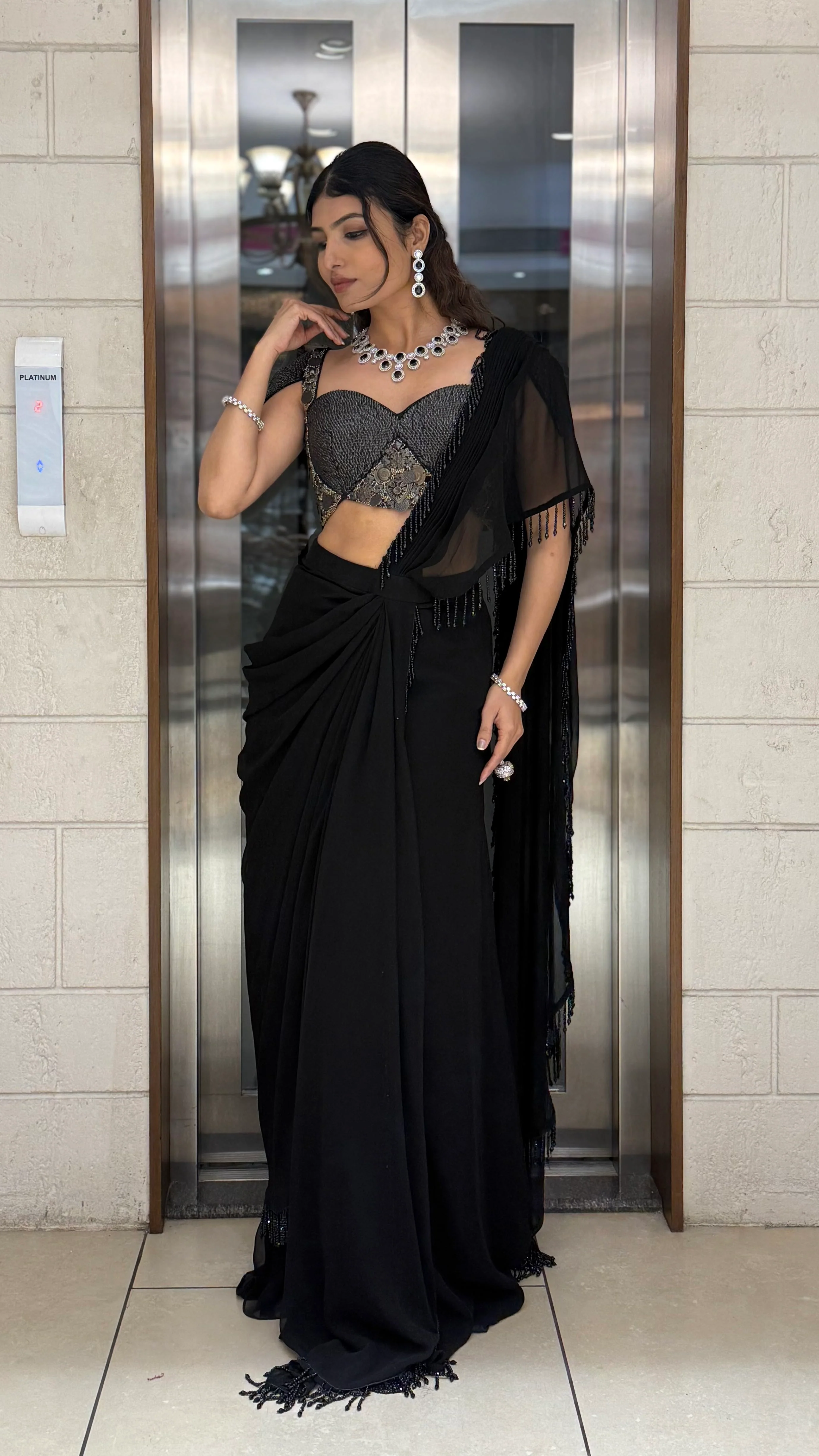 Midnight Black Pre-Draped Saree with Metallic Embellished Bustier Blouse - Image 3