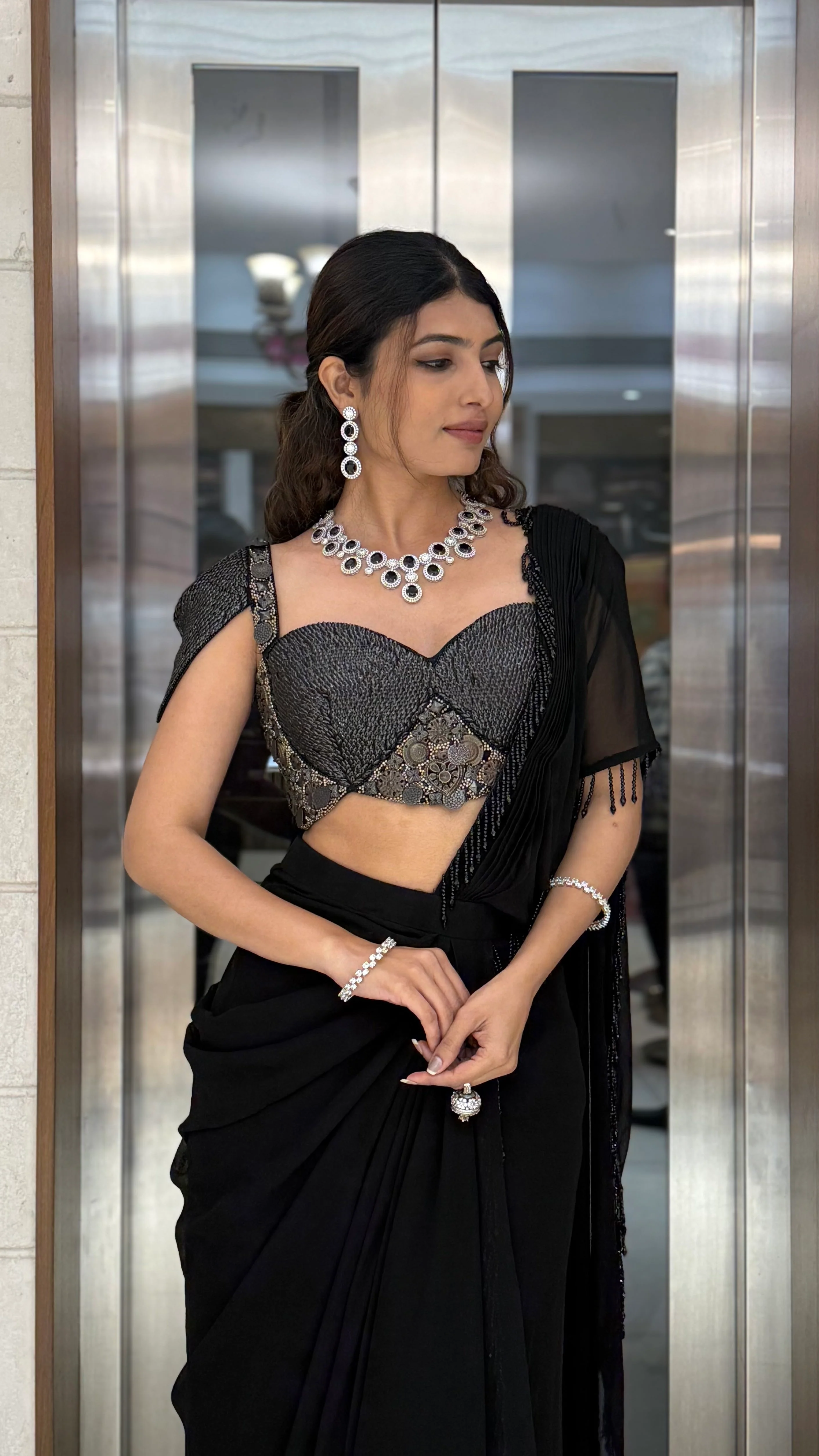 Midnight Black Pre-Draped Saree with Metallic Embellished Bustier Blouse - Image 5