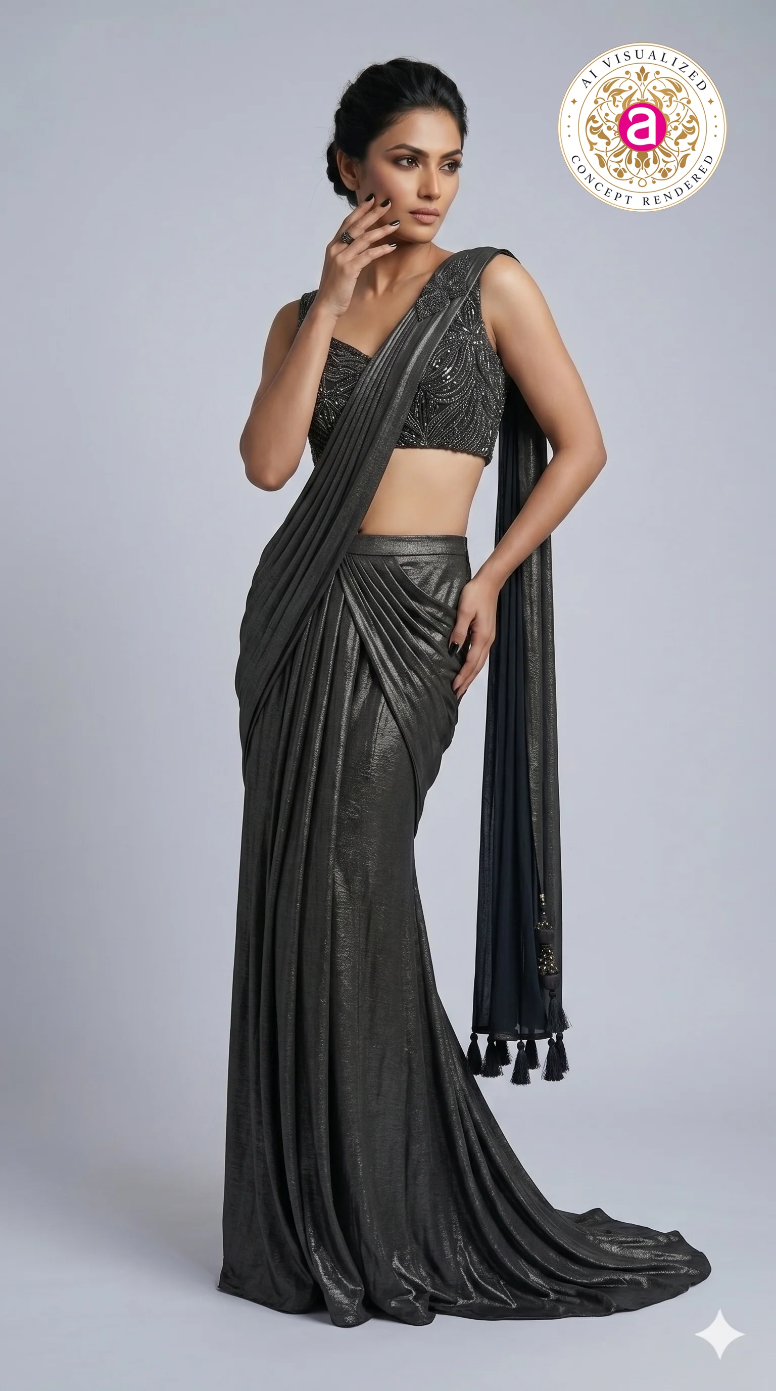 Midnight Black Ready-to-Wear Saree with Embellished Designer Blouse & Draped Pleats - Image 4