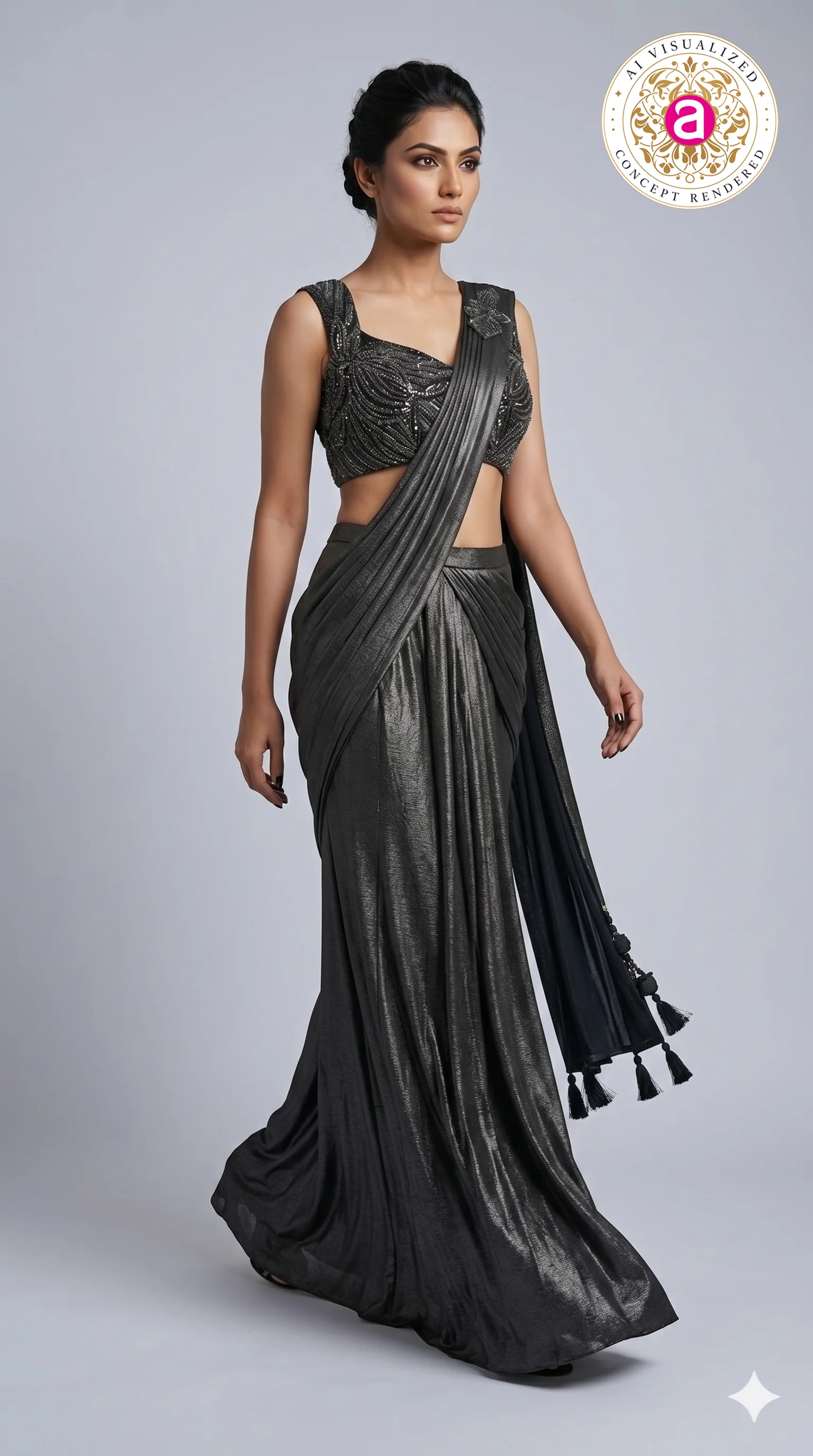 Midnight Black Ready-to-Wear Saree with Embellished Designer Blouse & Draped Pleats - Image 5