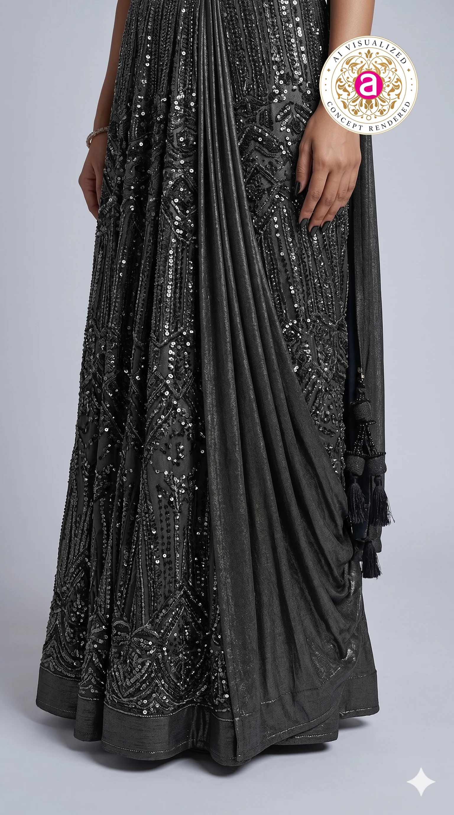 Midnight Black Ready-to-Wear Saree with Embellished Designer Blouse & Draped Pleats - Image 7