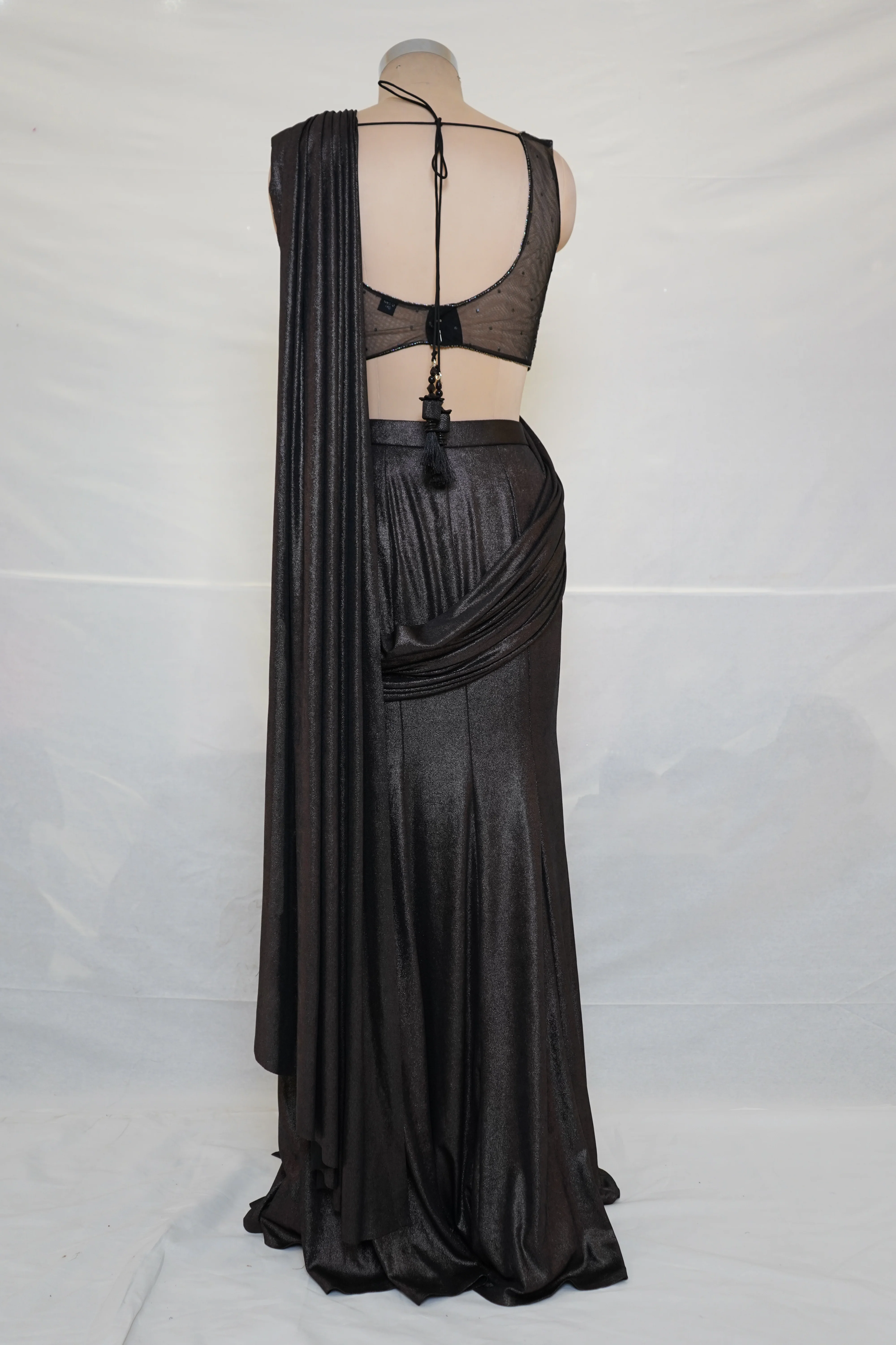 Midnight Black Ready-to-Wear Saree with Embellished Designer Blouse & Draped Pleats - Image 8
