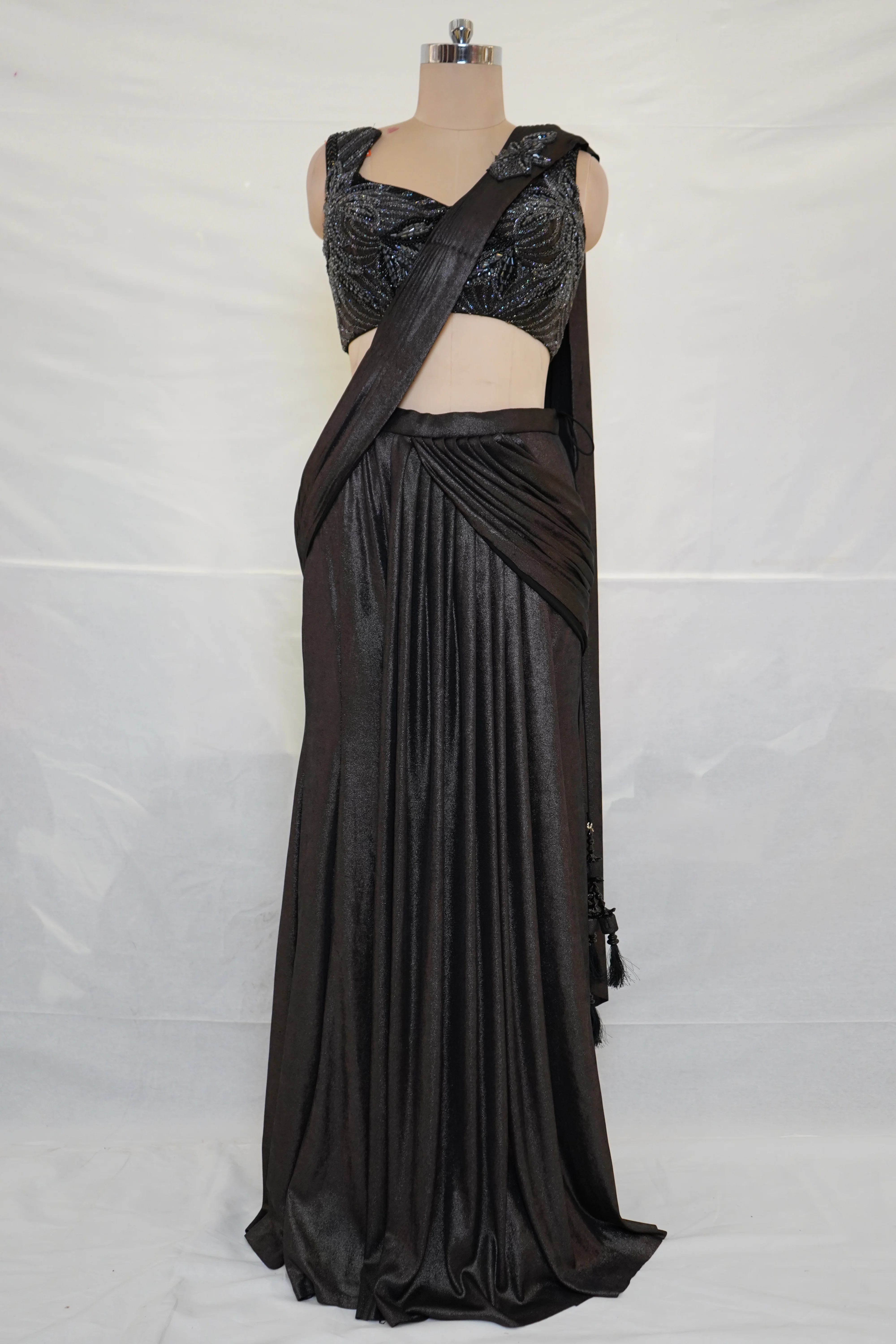 Midnight Black Ready-to-Wear Saree with Embellished Designer Blouse & Draped Pleats - Image 9