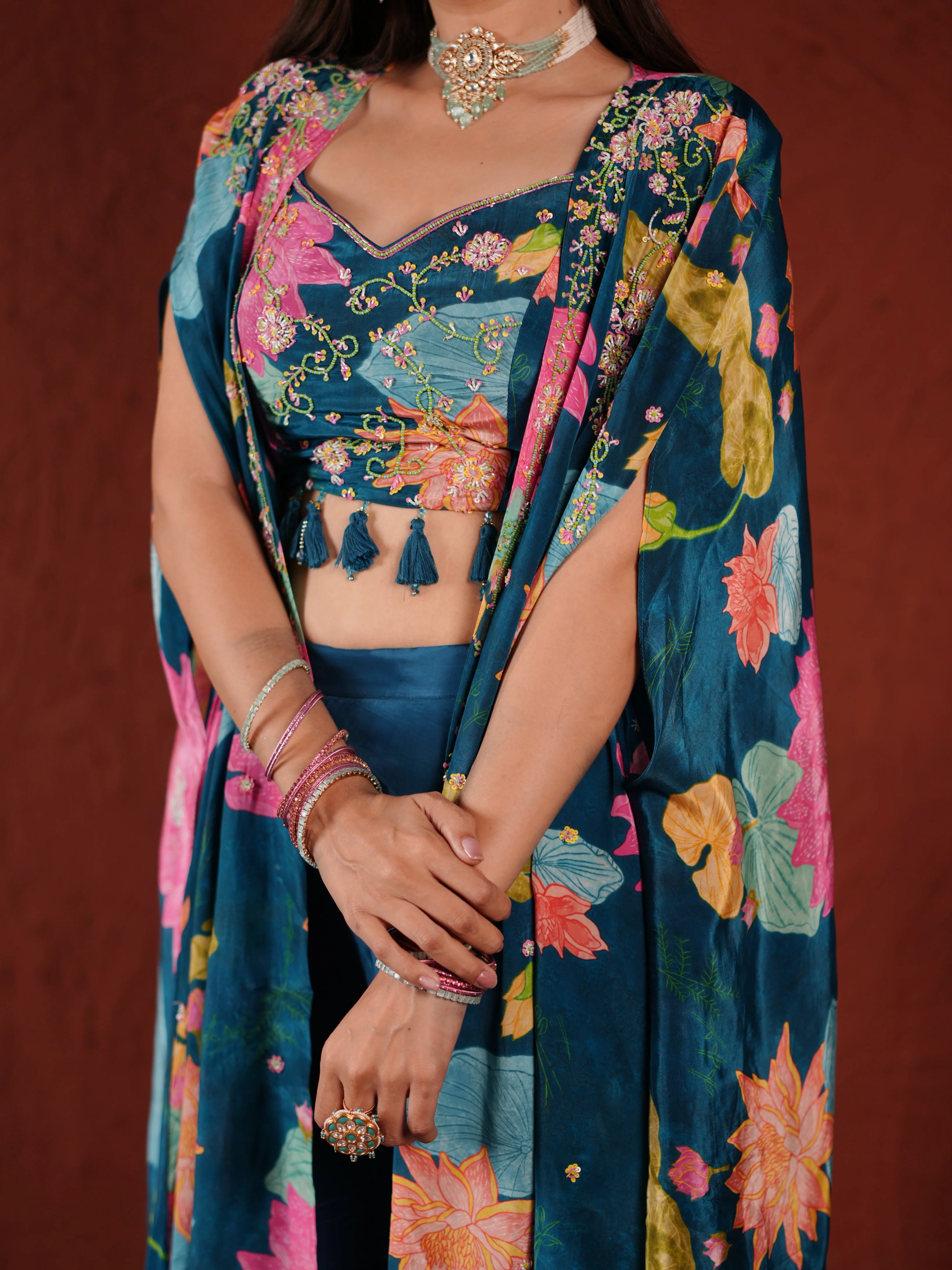 Midnight Bloom Blue Embroidered Palazzo Suit with Printed Cape & Tassel Blouse - Image 2