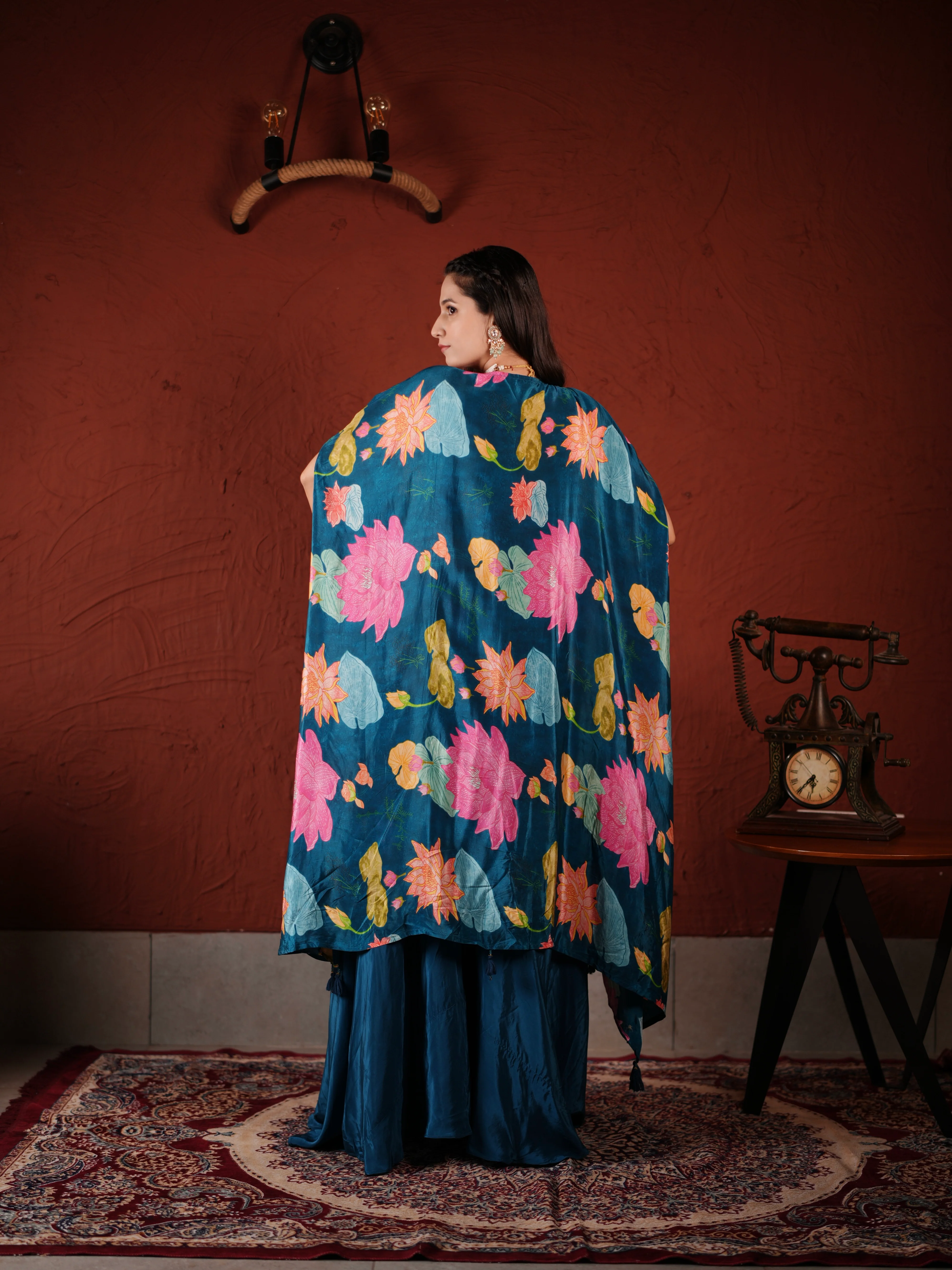 Midnight Bloom Blue Embroidered Palazzo Suit with Printed Cape & Tassel Blouse - Image 3