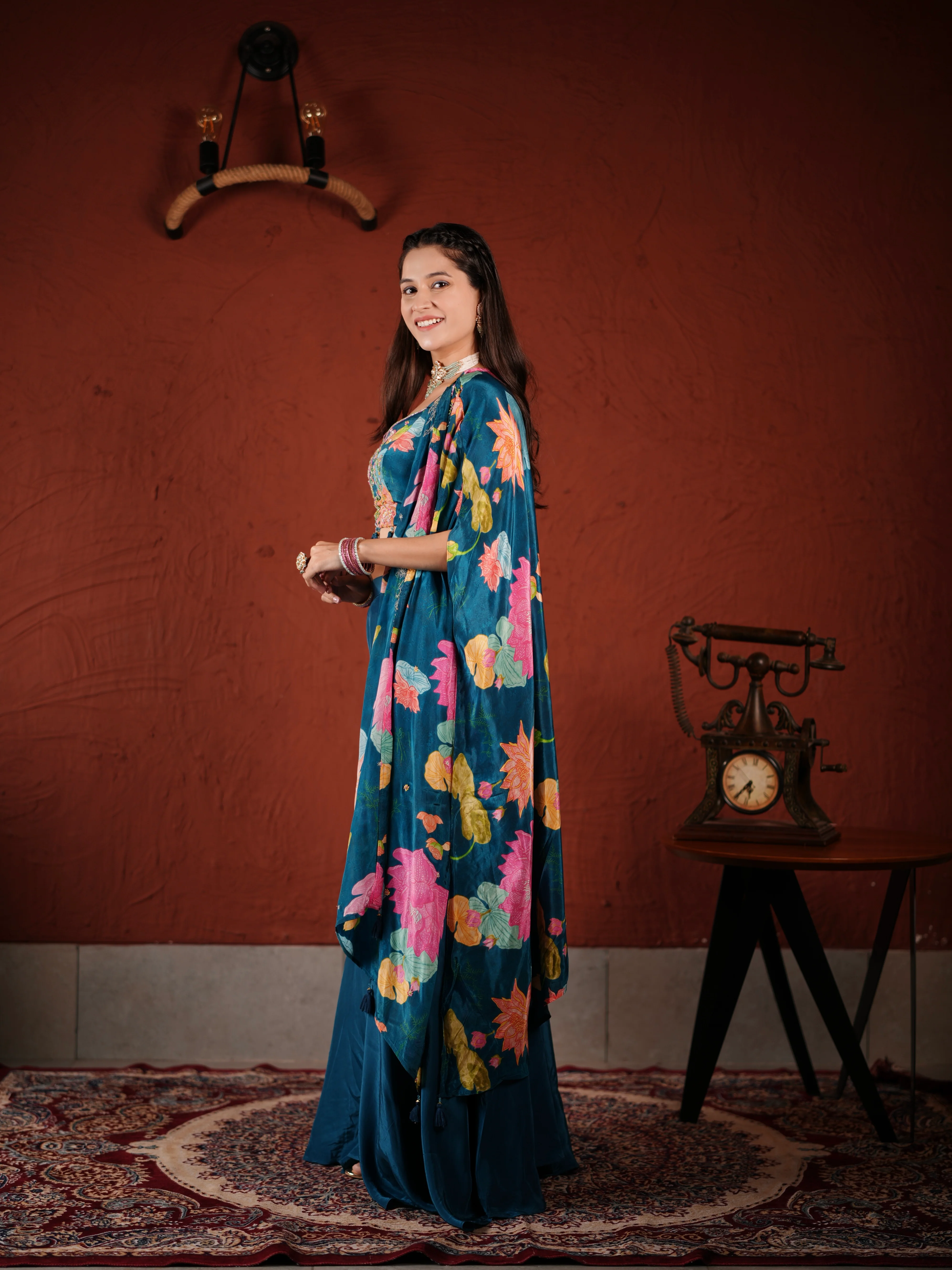 Midnight Bloom Blue Embroidered Palazzo Suit with Printed Cape & Tassel Blouse - Image 4