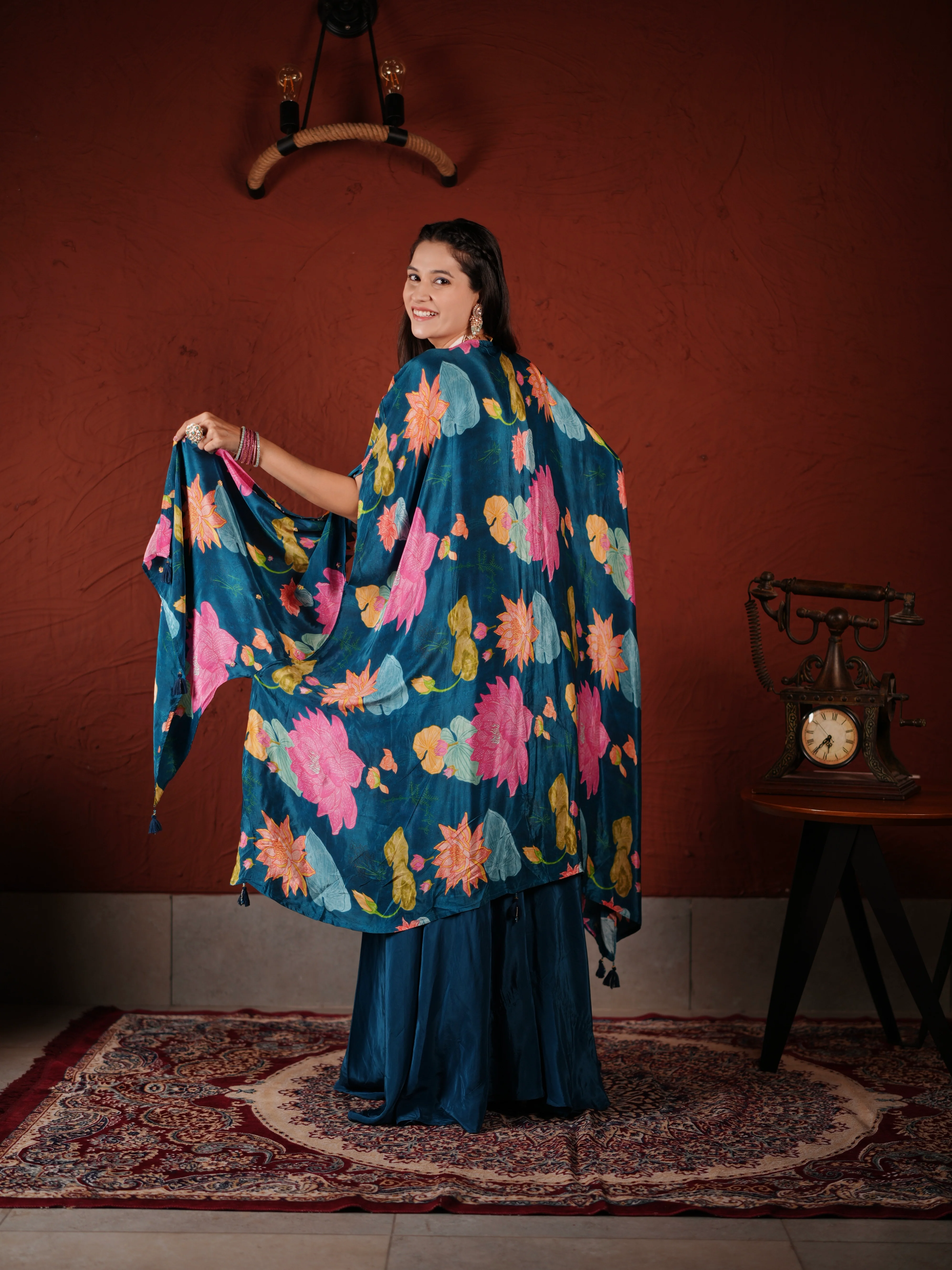 Midnight Bloom Blue Embroidered Palazzo Suit with Printed Cape & Tassel Blouse - Image 5