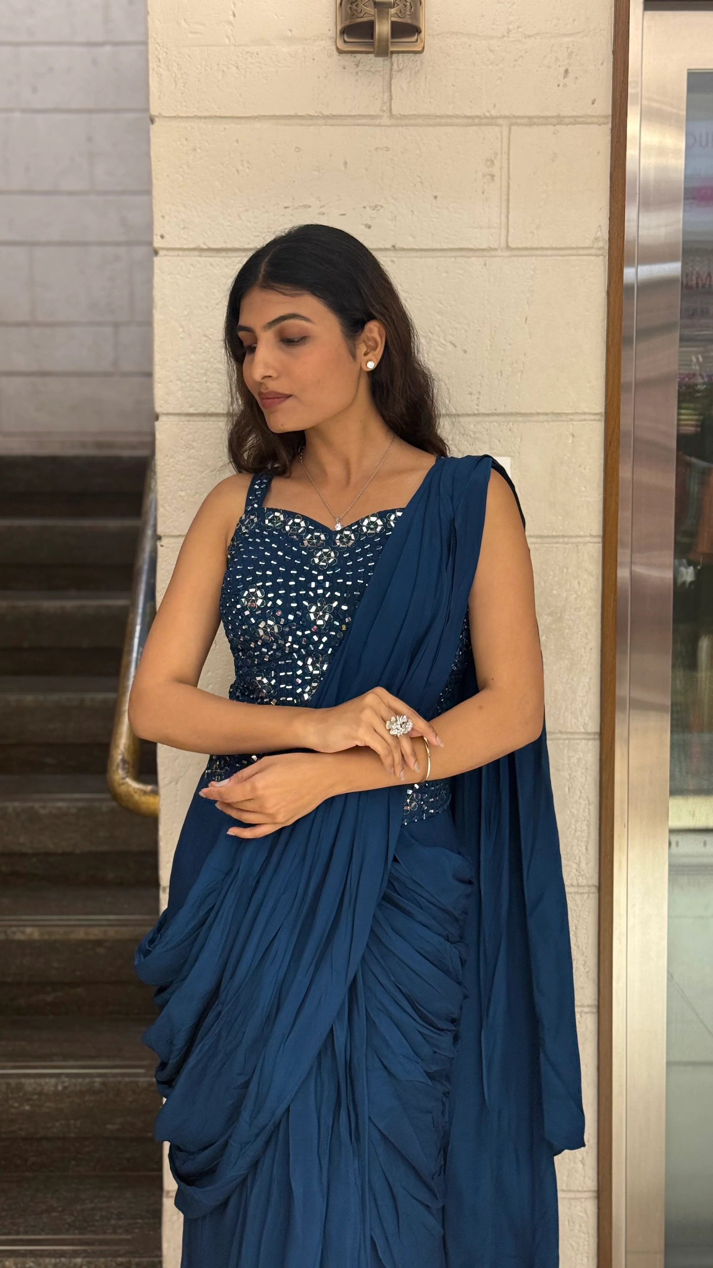 Midnight Blue Designer Ready-to-Wear Saree with Mirror Embellished Blouse - Image 3