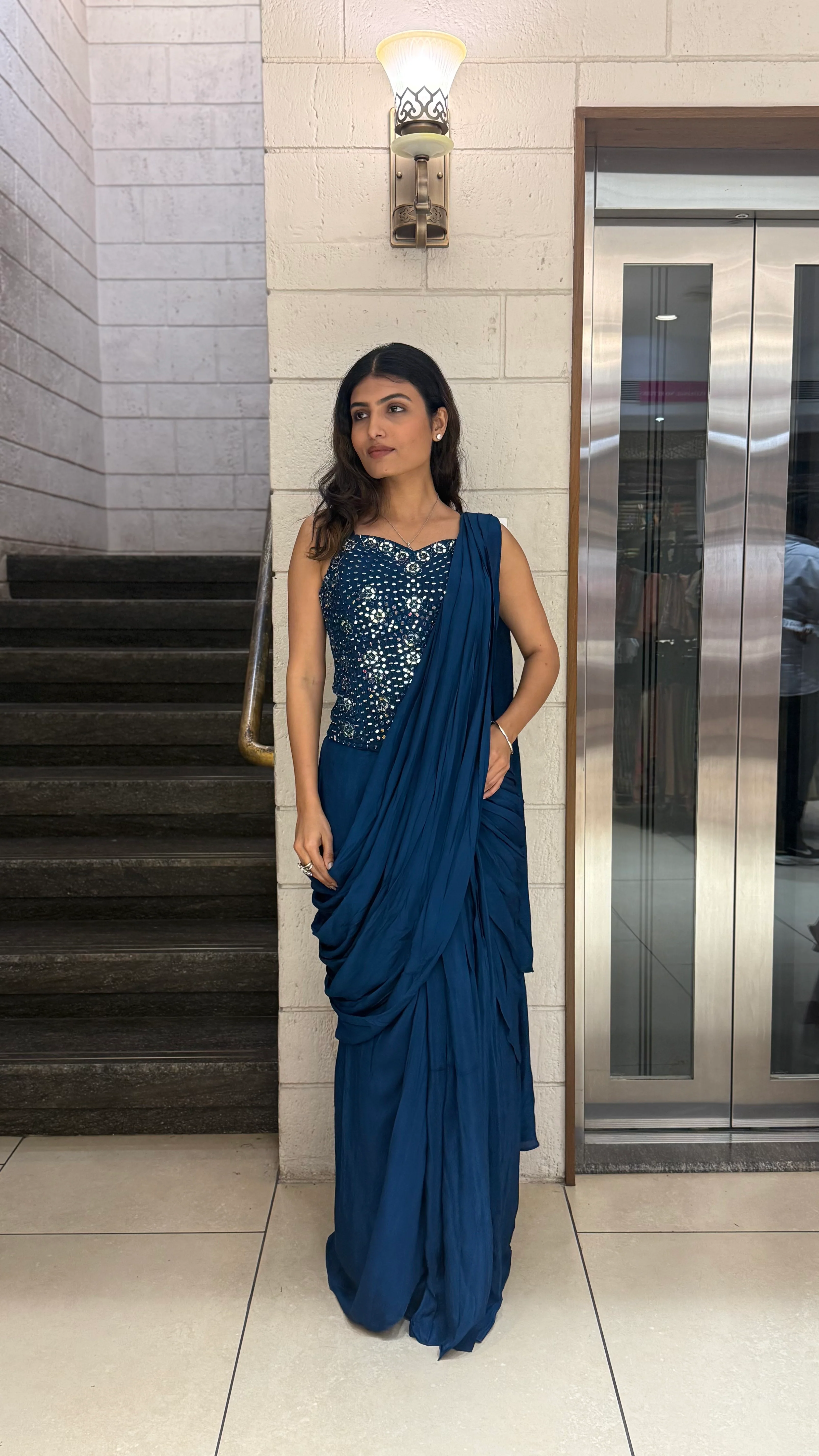 Midnight Blue Designer Ready-to-Wear Saree with Mirror Embellished Blouse - Image 4