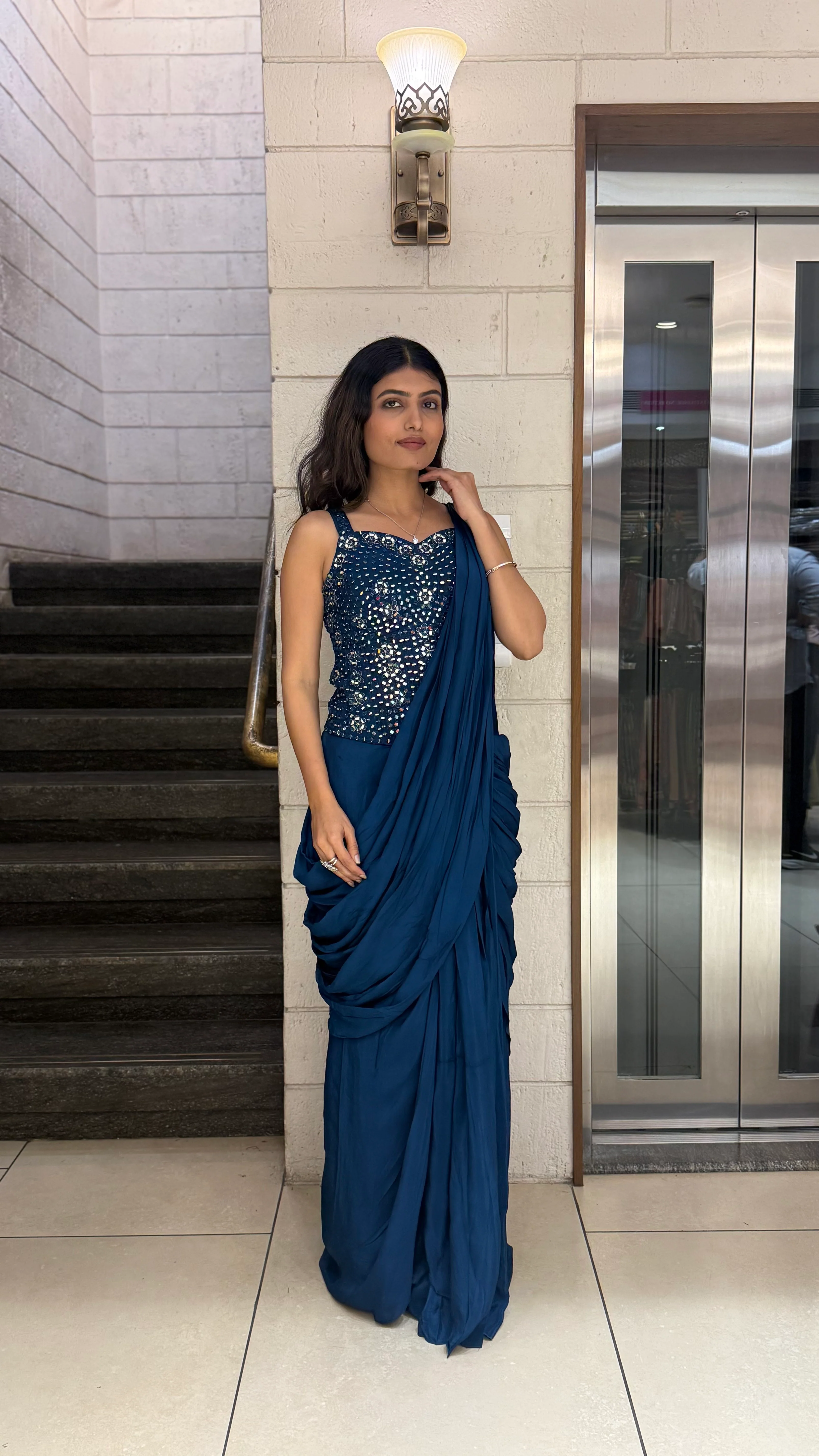 Midnight Blue Designer Ready-to-Wear Saree with Mirror Embellished Blouse - Image 5