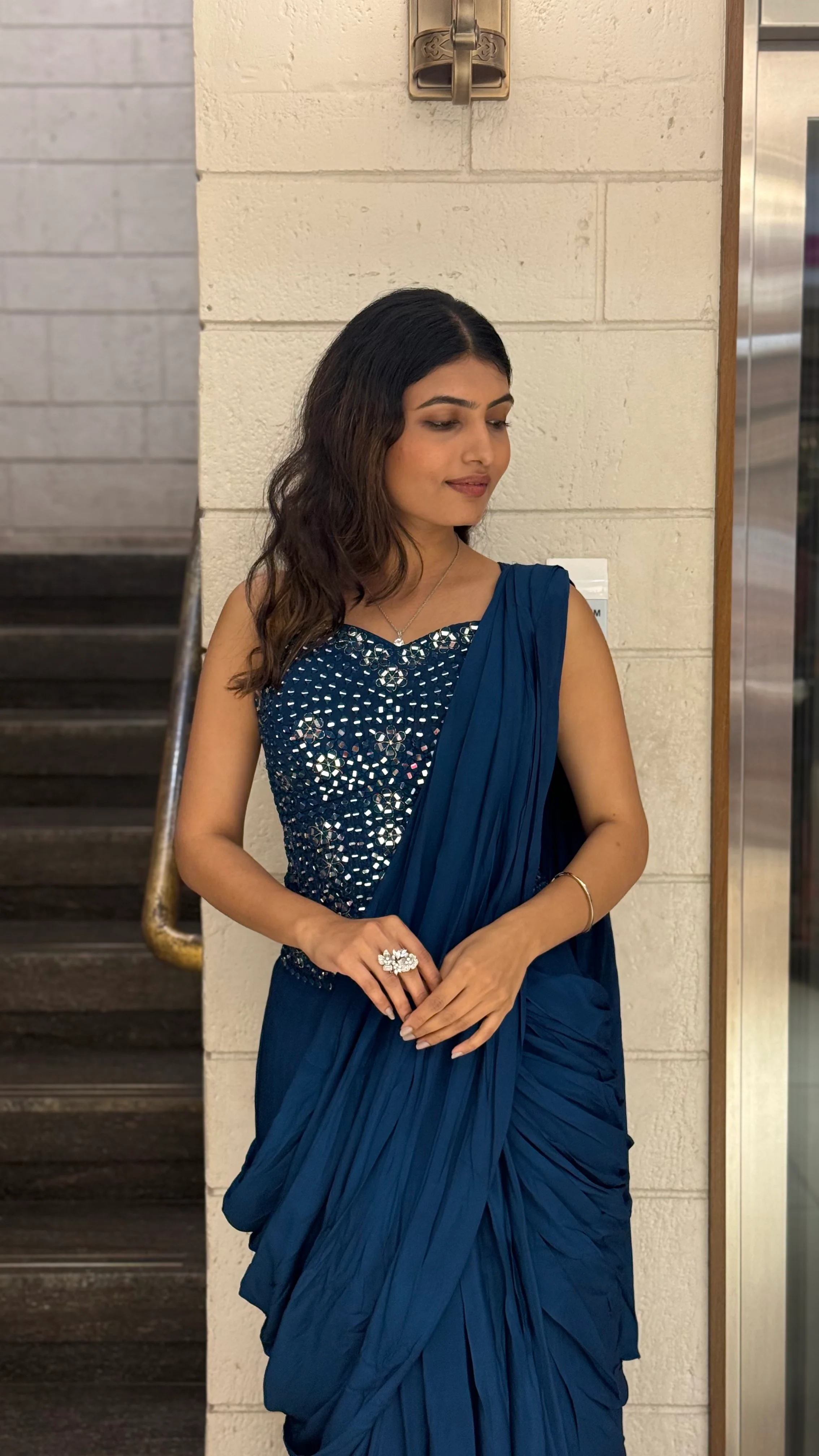 Midnight Blue Designer Ready-to-Wear Saree with Mirror Embellished Blouse - Image 6