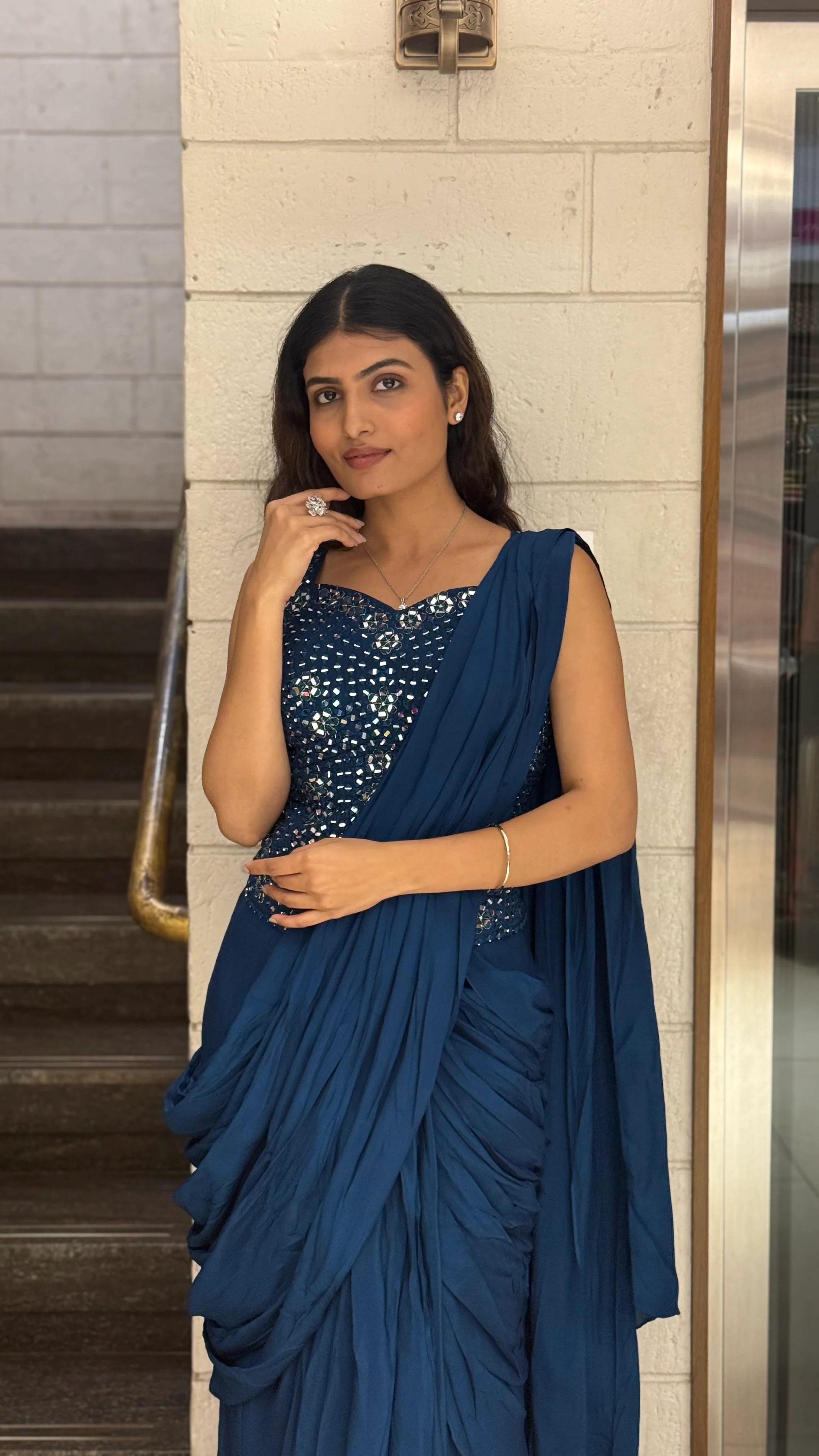 Midnight Blue Designer Ready-to-Wear Saree with Mirror Embellished Blouse - Image 7