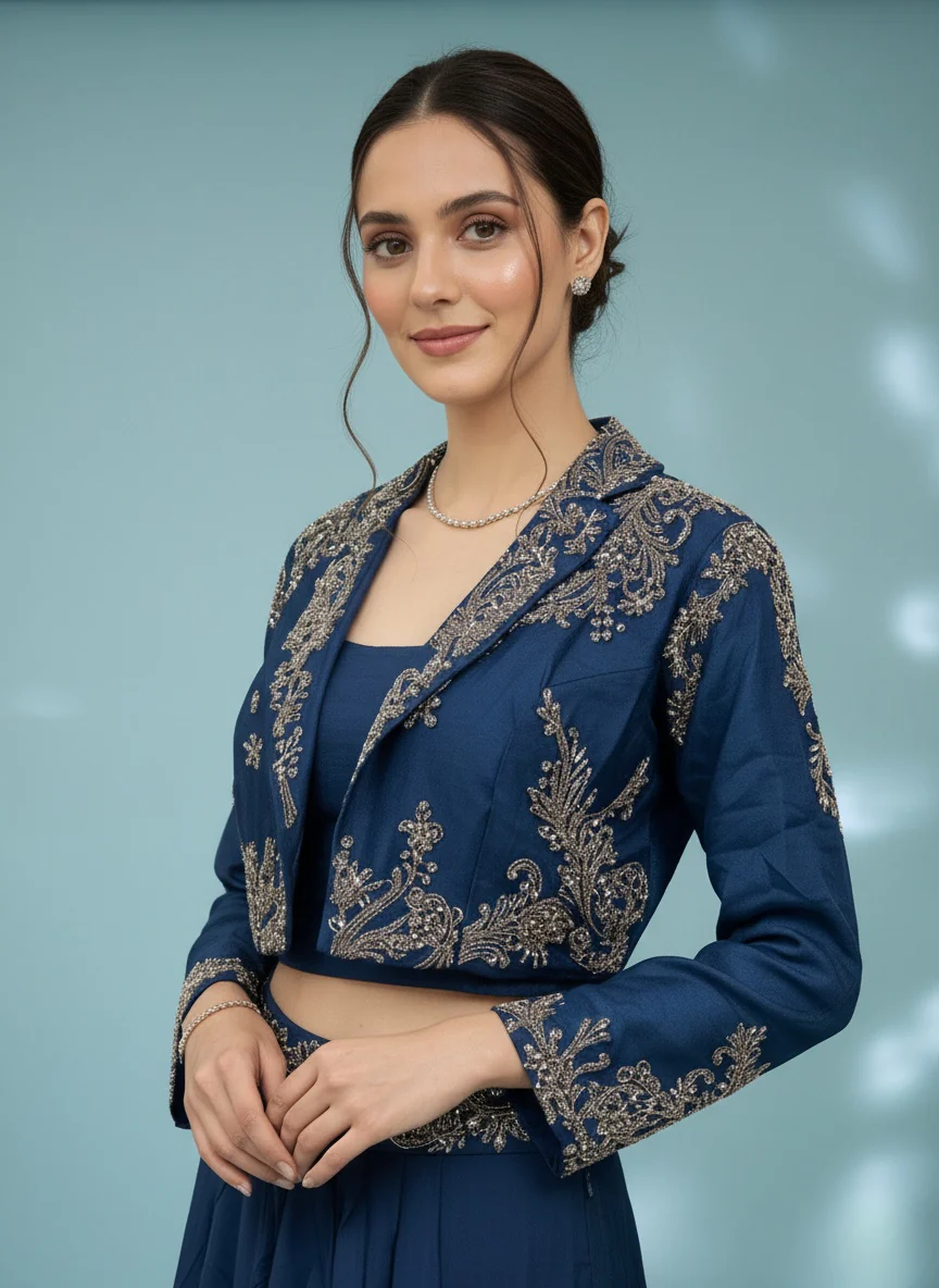 Midnight Blue Embroidered Crop Top with Jacket & Flared Skirt Set - Image 2