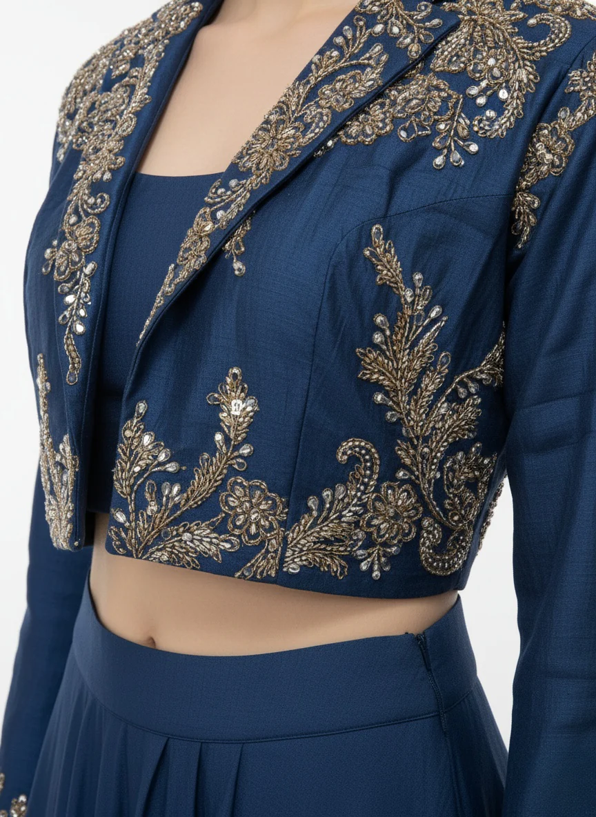 Midnight Blue Embroidered Crop Top with Jacket & Flared Skirt Set - Image 4