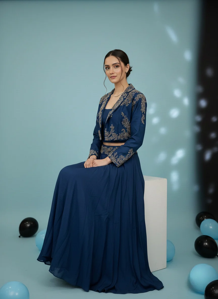 Midnight Blue Embroidered Crop Top with Jacket & Flared Skirt Set - Image 5