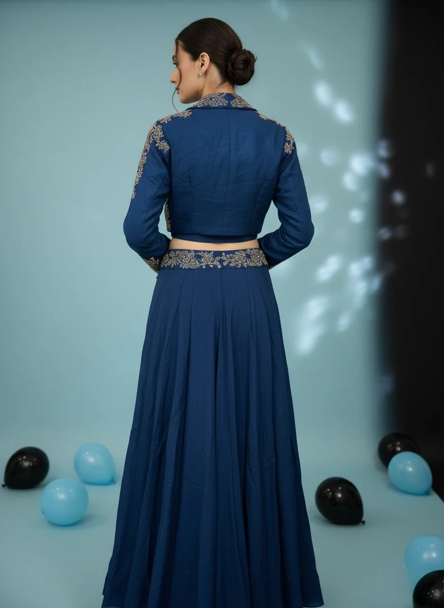 Midnight Blue Embroidered Crop Top with Jacket & Flared Skirt Set - Image 6