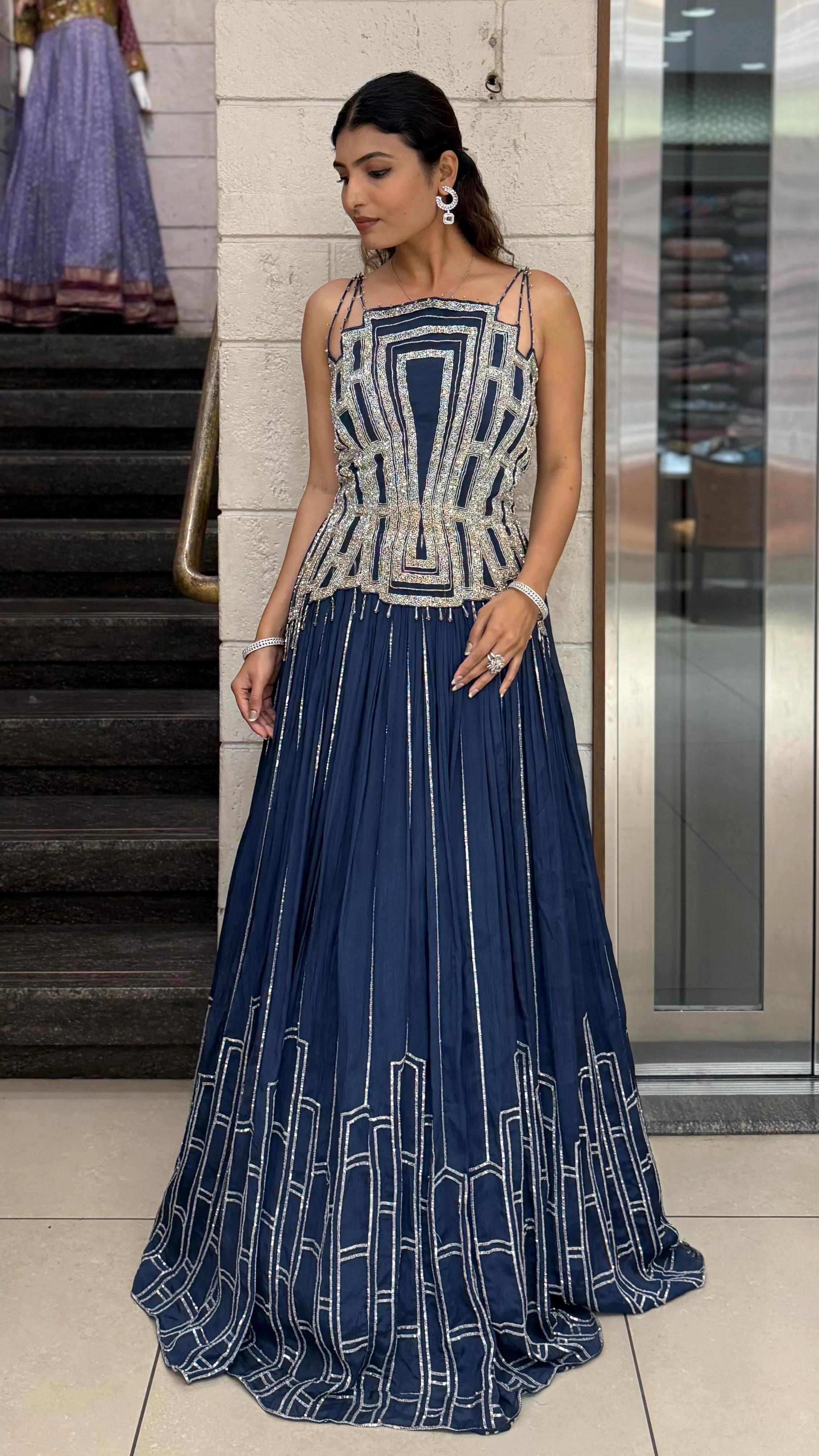 Geometric Embroidered Indo-Western Designer Gown - Image 10