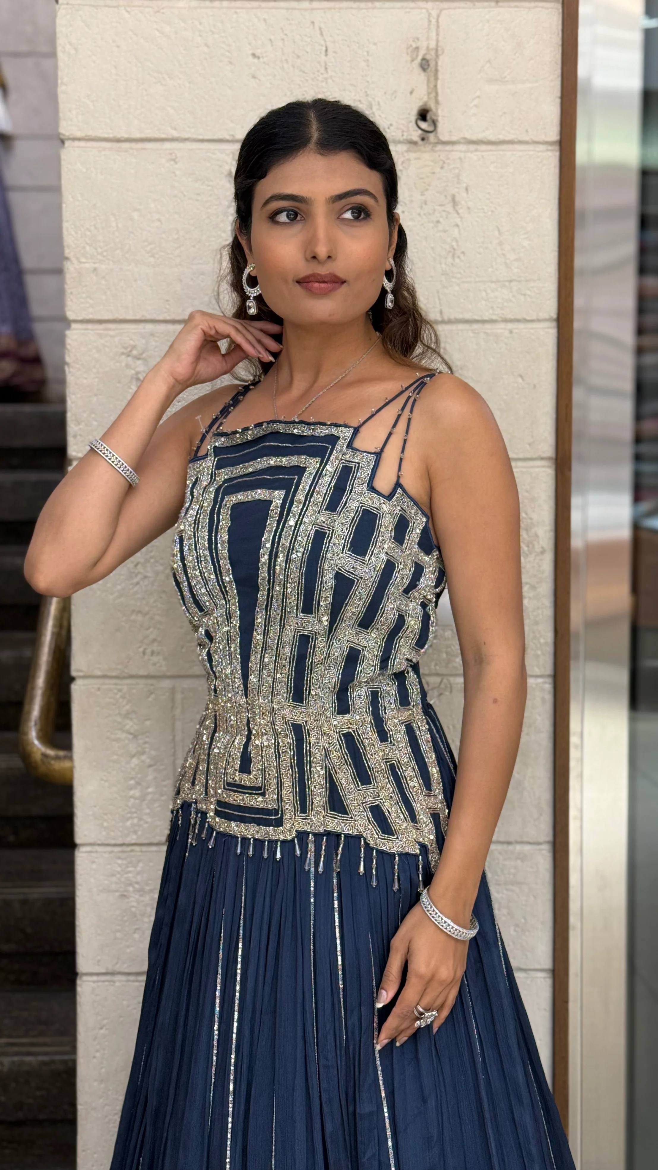 Geometric Embroidered Indo-Western Designer Gown - Image 4