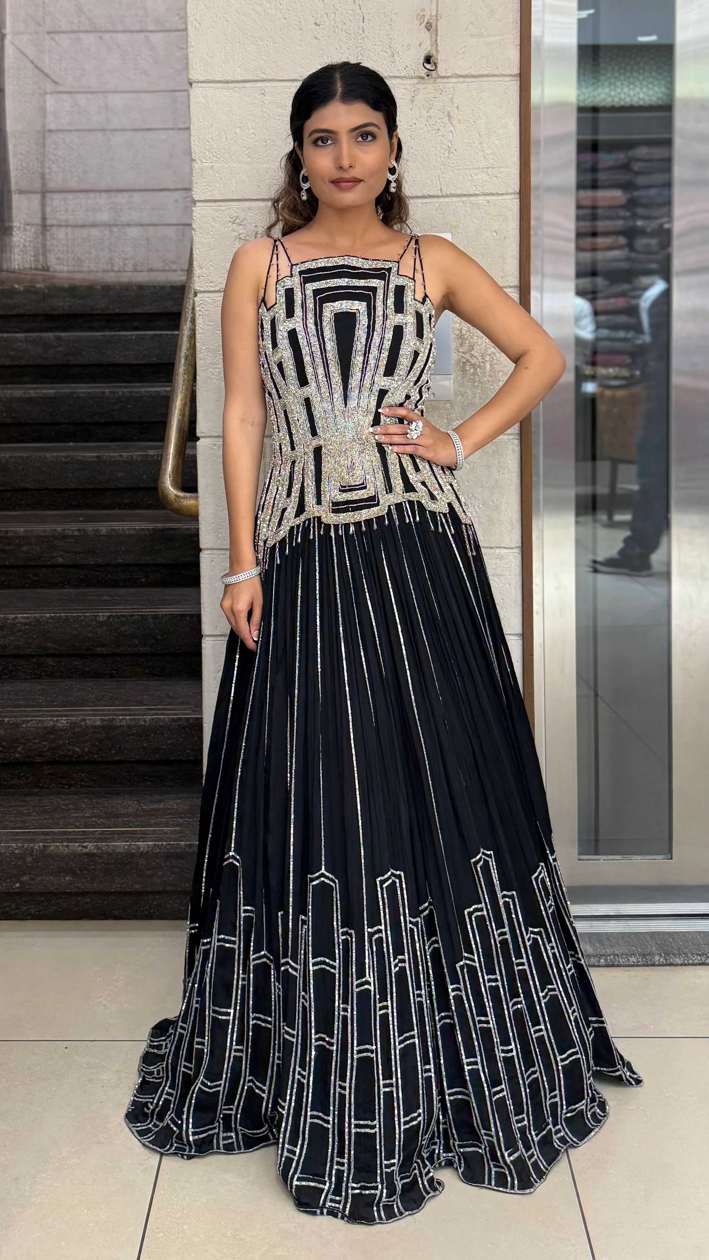 Geometric Embroidered Indo-Western Designer Gown - Image 6