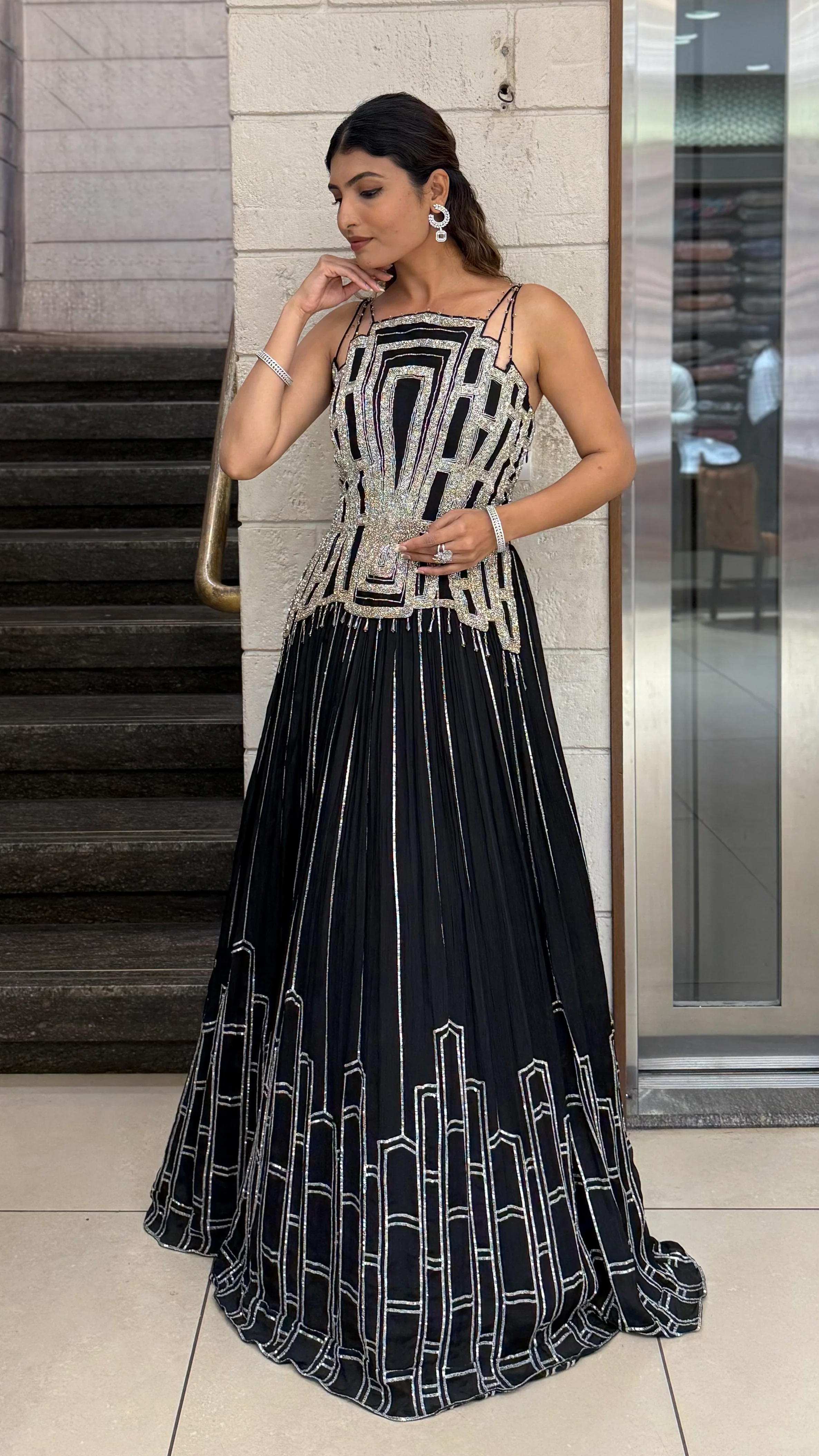 Geometric Embroidered Indo-Western Designer Gown - Image 9