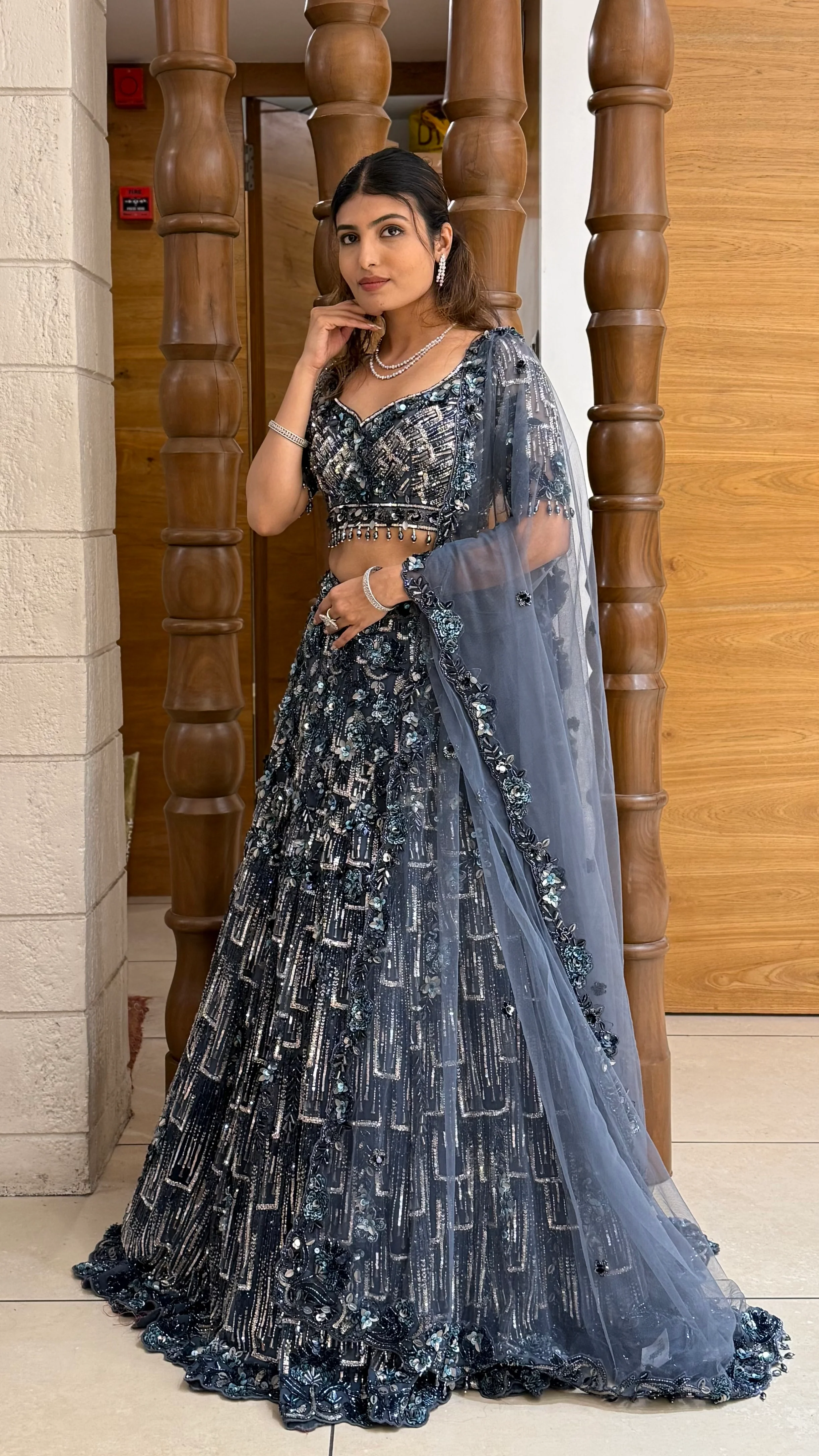 Midnight Blue Heavy Embroidered Sequins & Beadwork Lehenga with Designer Blouse & Net Dupatta - Image 3
