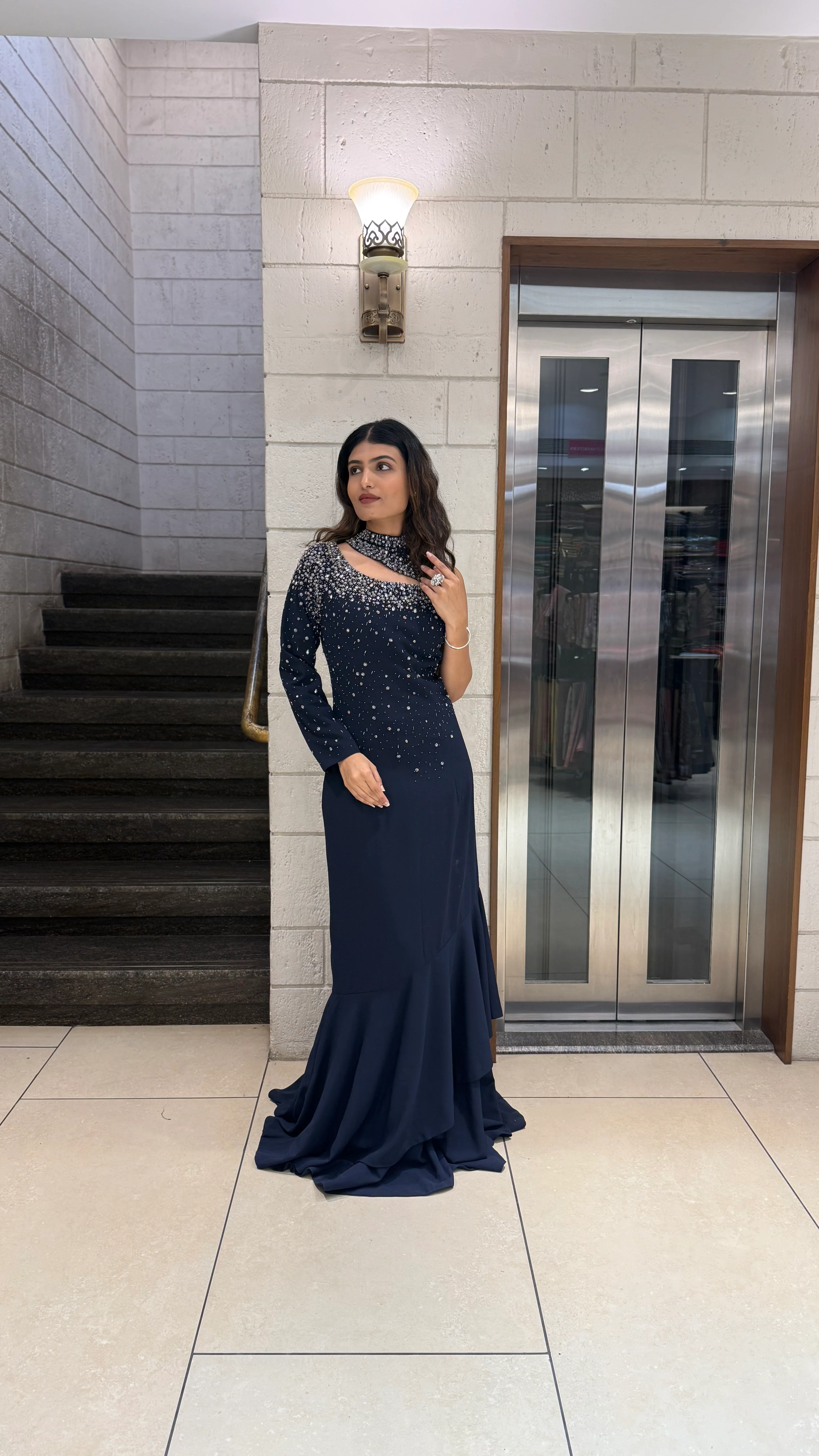 Midnight Navy Designer One-Shoulder Embellished Evening Gown - Image 3