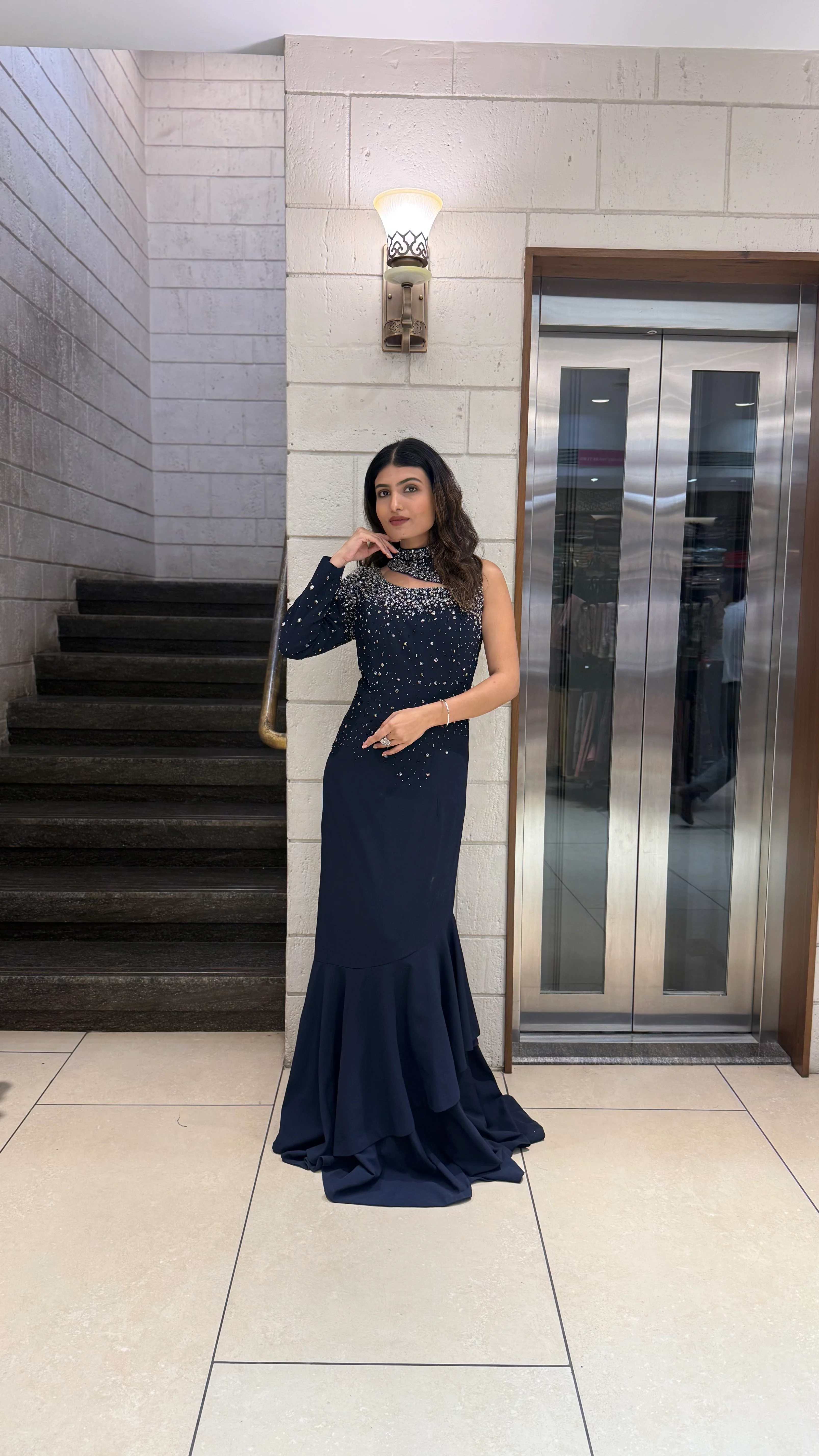 Midnight Navy Designer One-Shoulder Embellished Evening Gown - Image 4