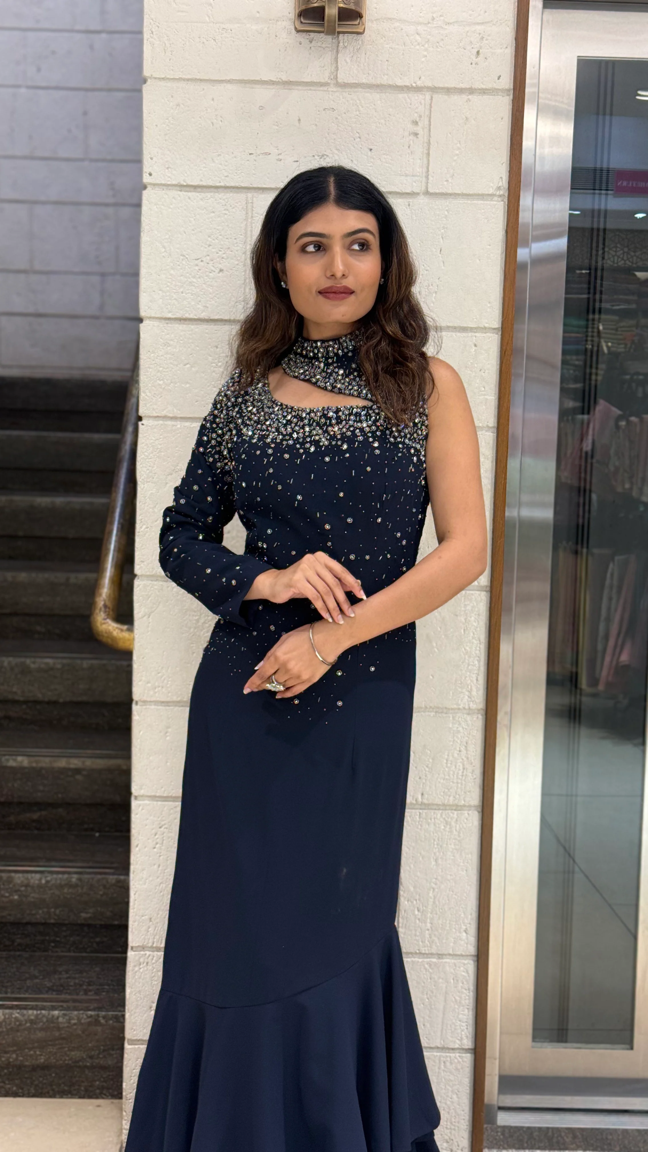 Midnight Navy Designer One-Shoulder Embellished Evening Gown - Image 5