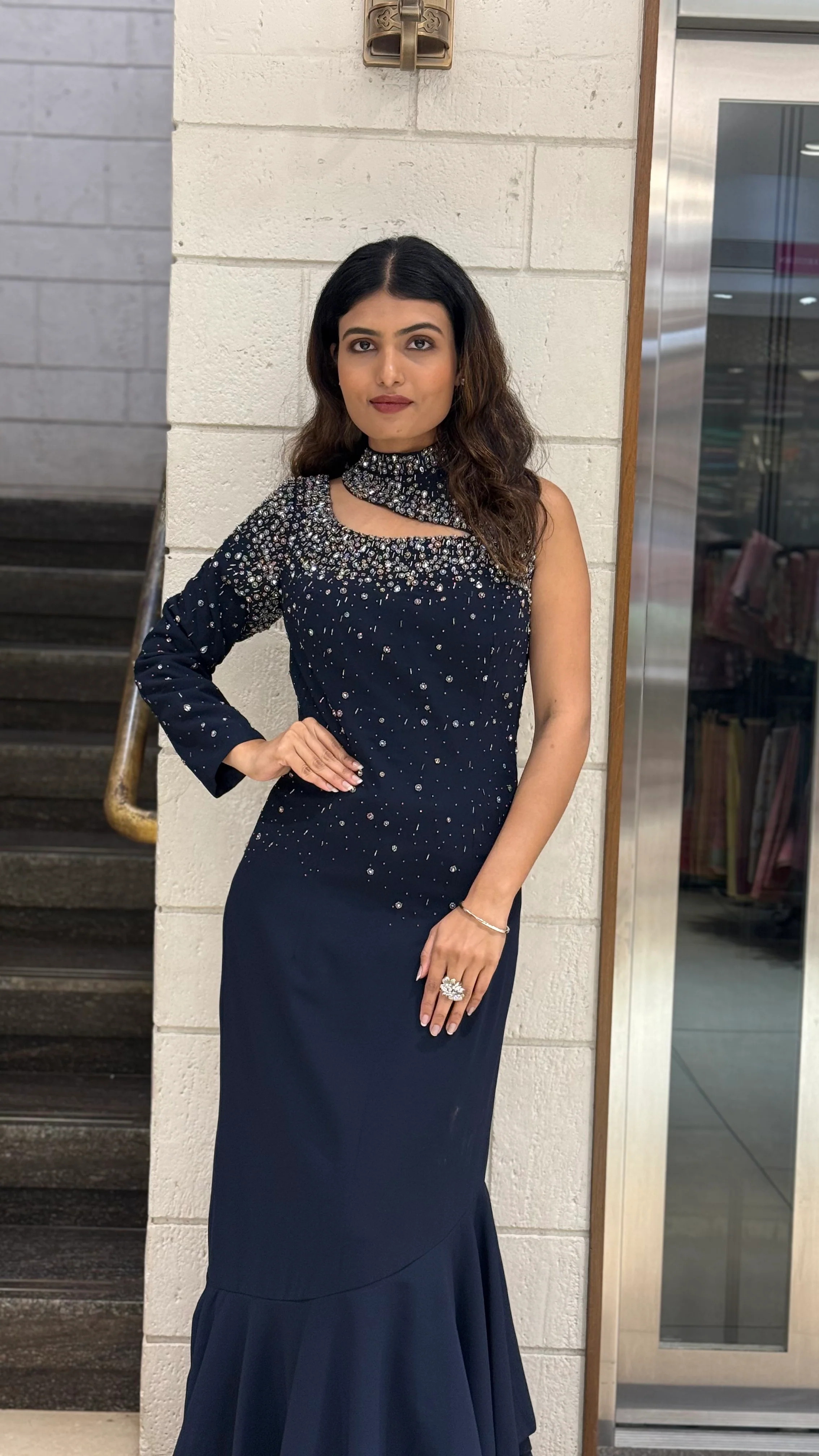 Midnight Navy Designer One-Shoulder Embellished Evening Gown - Image 6