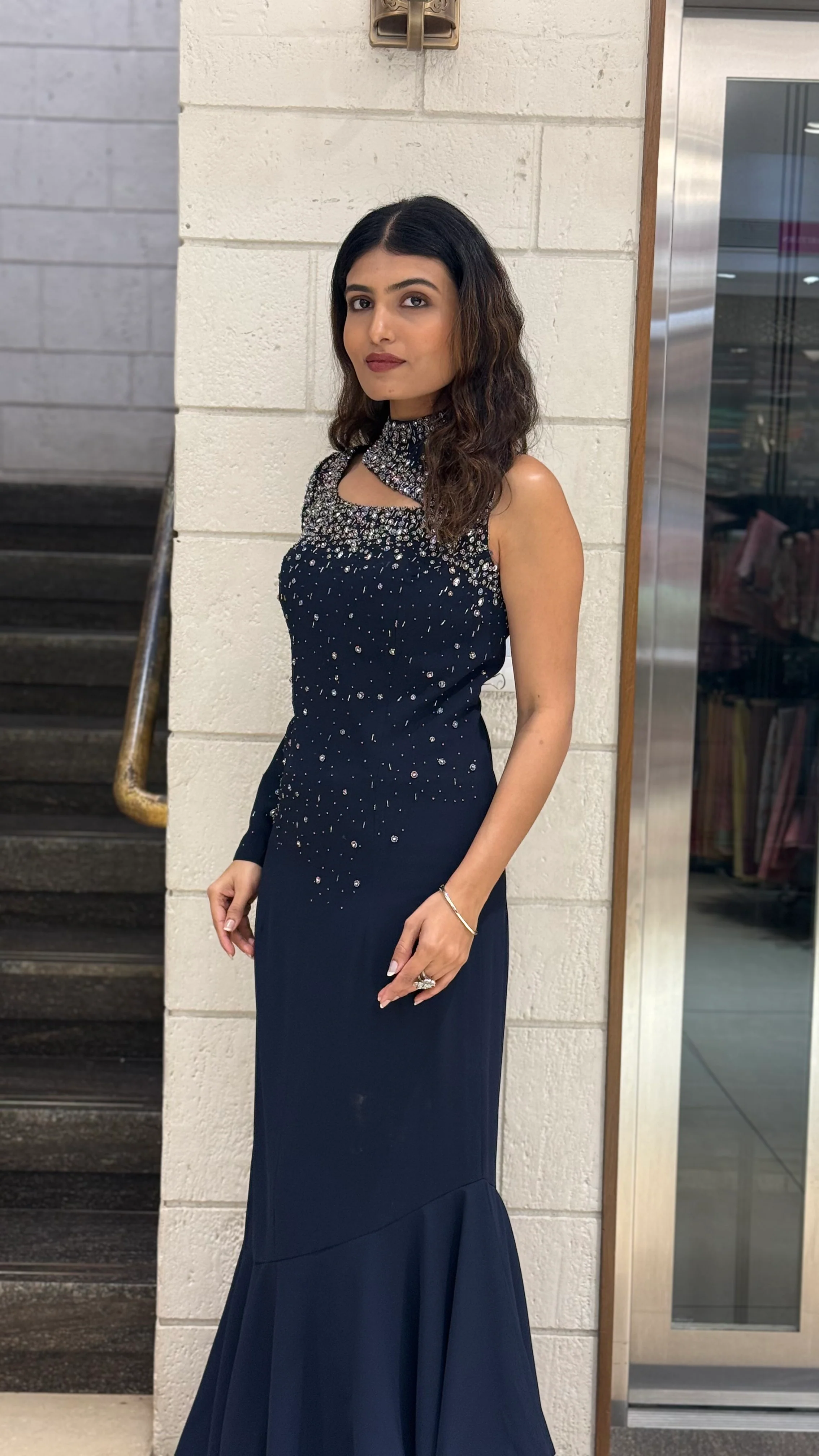 Midnight Navy Designer One-Shoulder Embellished Evening Gown - Image 7